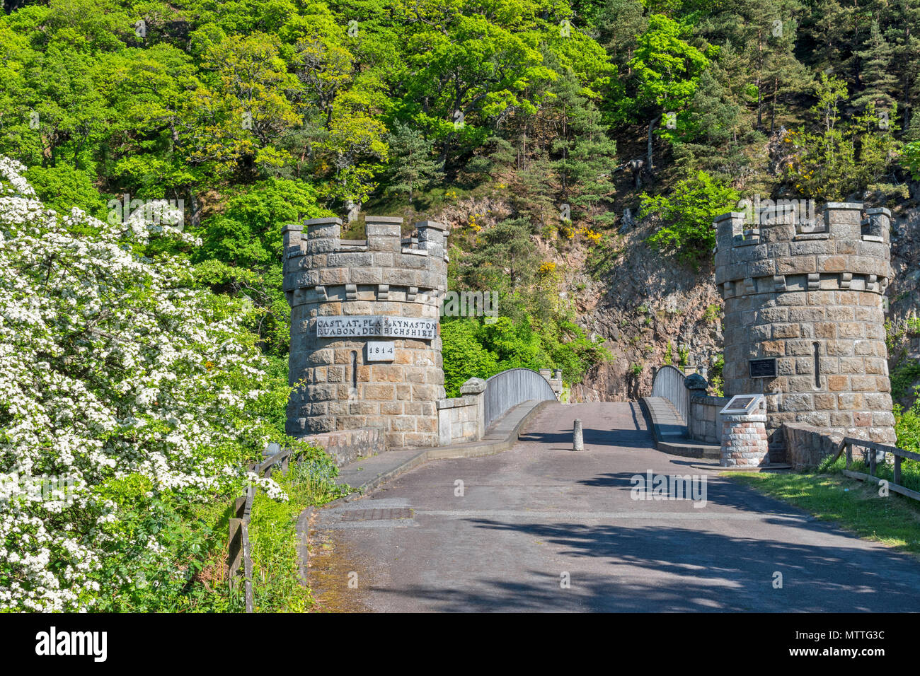 THOMAS TELFORD BRIDGE AT CRAIGELLACHIE SCOTLAND THE TOWERS AND SIGNPOSTS AND HAWTHORN BLOSSOM IN SPRING Stock Photo