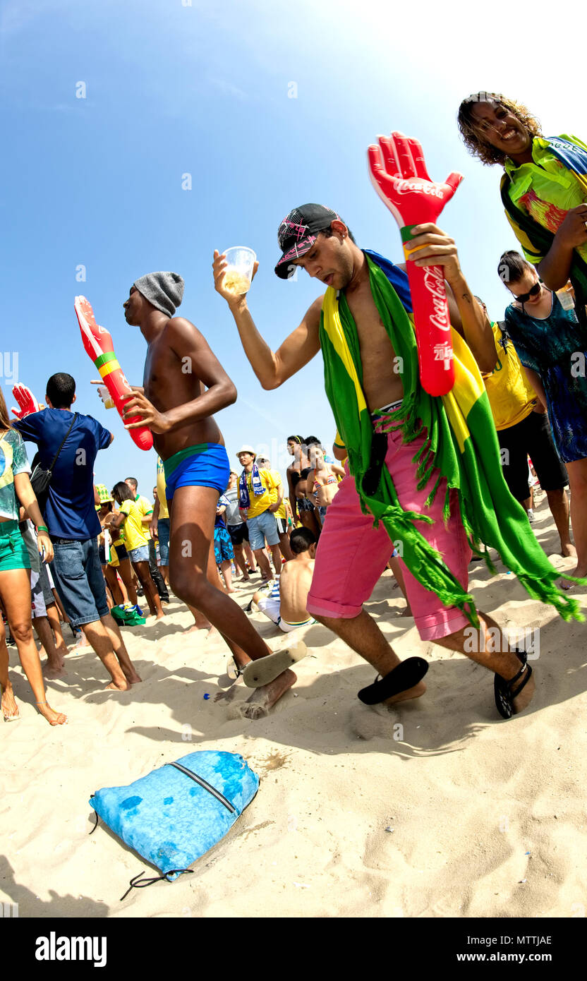 FIFA World Cup, Copacabana - June 28, 2014: Supporters celebrate at the Fifa Fan Fest during a match high on emotion between Brazil and Chile Stock Photo