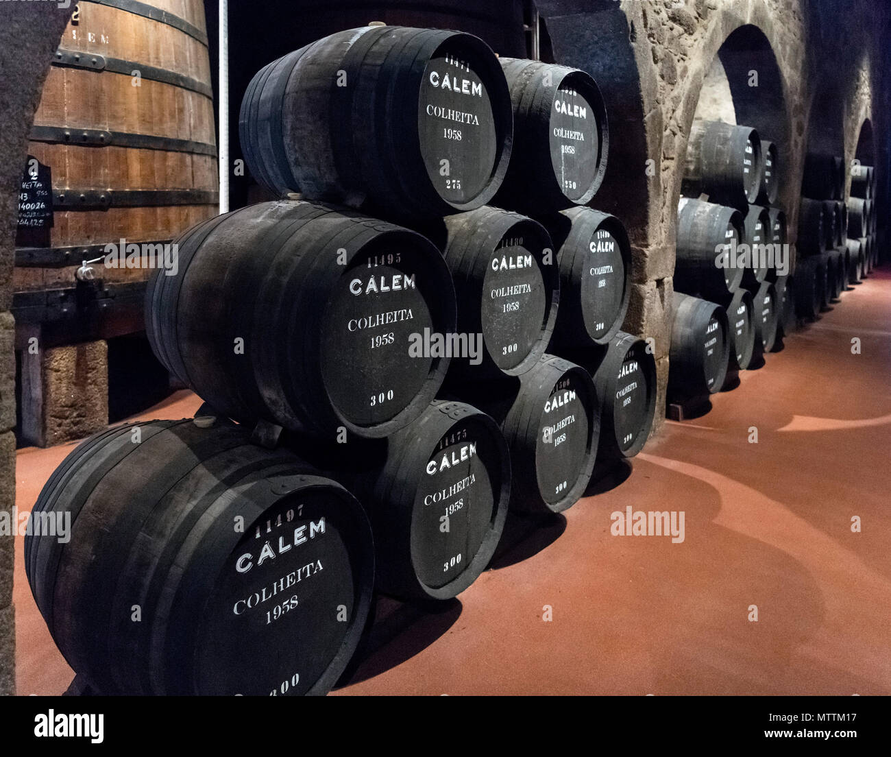 Port wine barrels at the Calem Wine Lodge, Wine Tasting Tour, Vila Nova de Gaia, Porto, Portugal Stock Photo