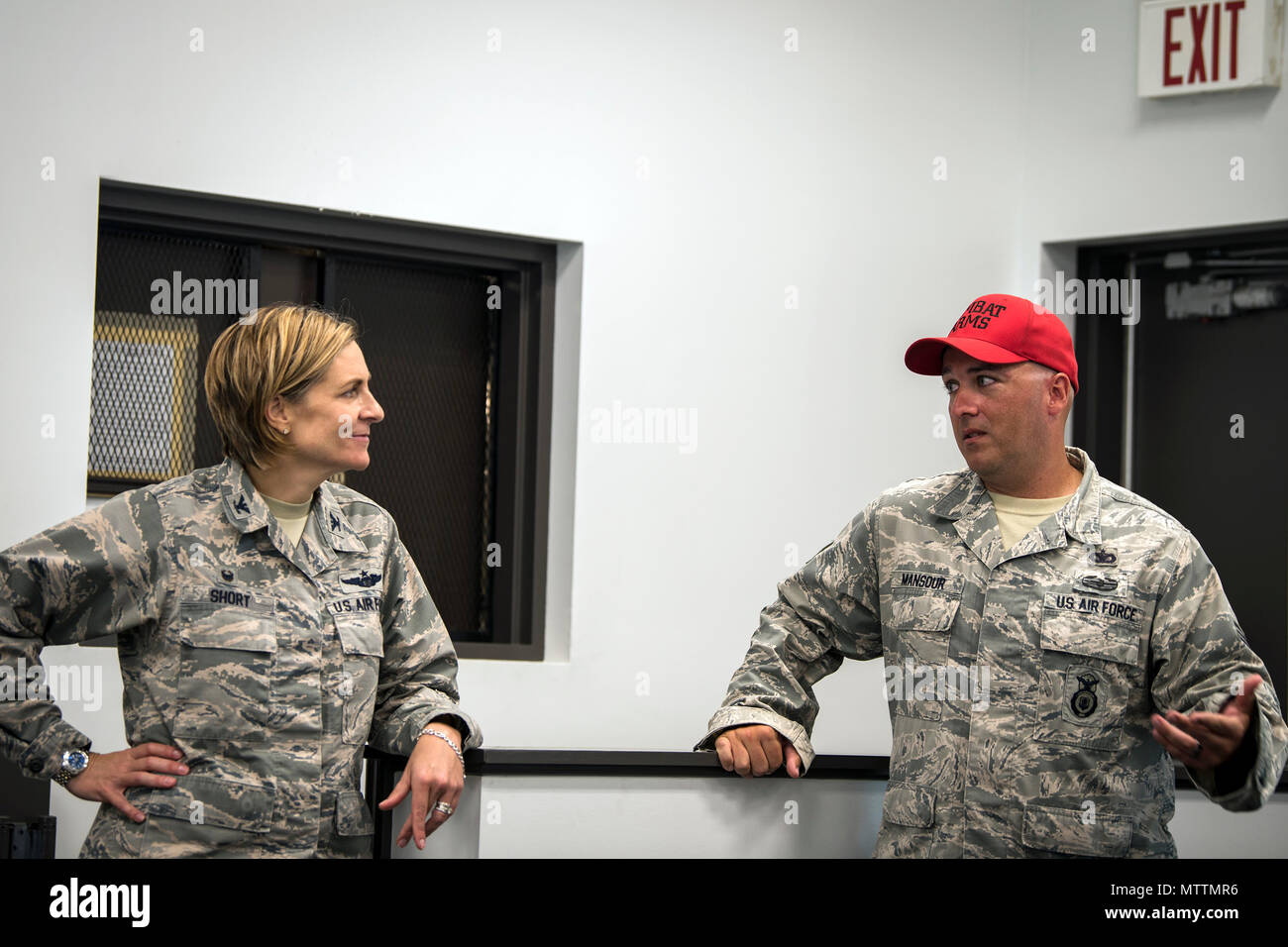 Col. Jennifer Short, 23d Wing commander, listens to a briefing from Tech.  Sgt. Brandon Mansour, 23d Security Forces Squadron combat arms instructor,  during an immersion tour, May 21, 2018, at Moody Air