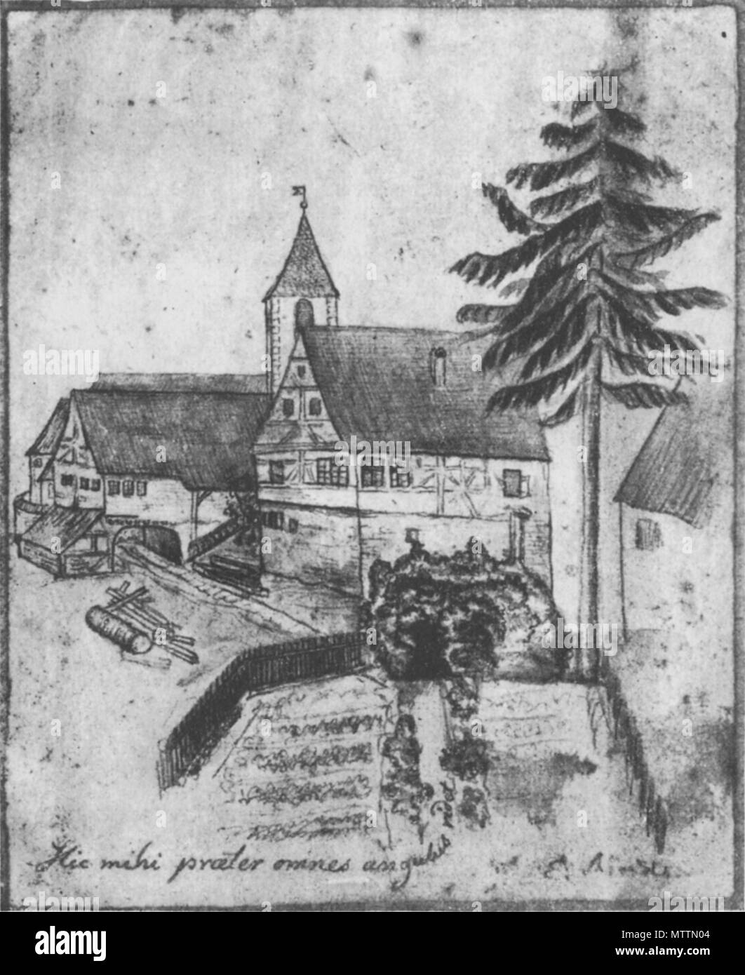 . Deutsch: Rathaus und Kirche in Plattenhardt, Zeichnung von de:Eduard Mörike, 1829 . 1829. de:Eduard Moerike 421 Moerike-plattenhardt1829 Stock Photo