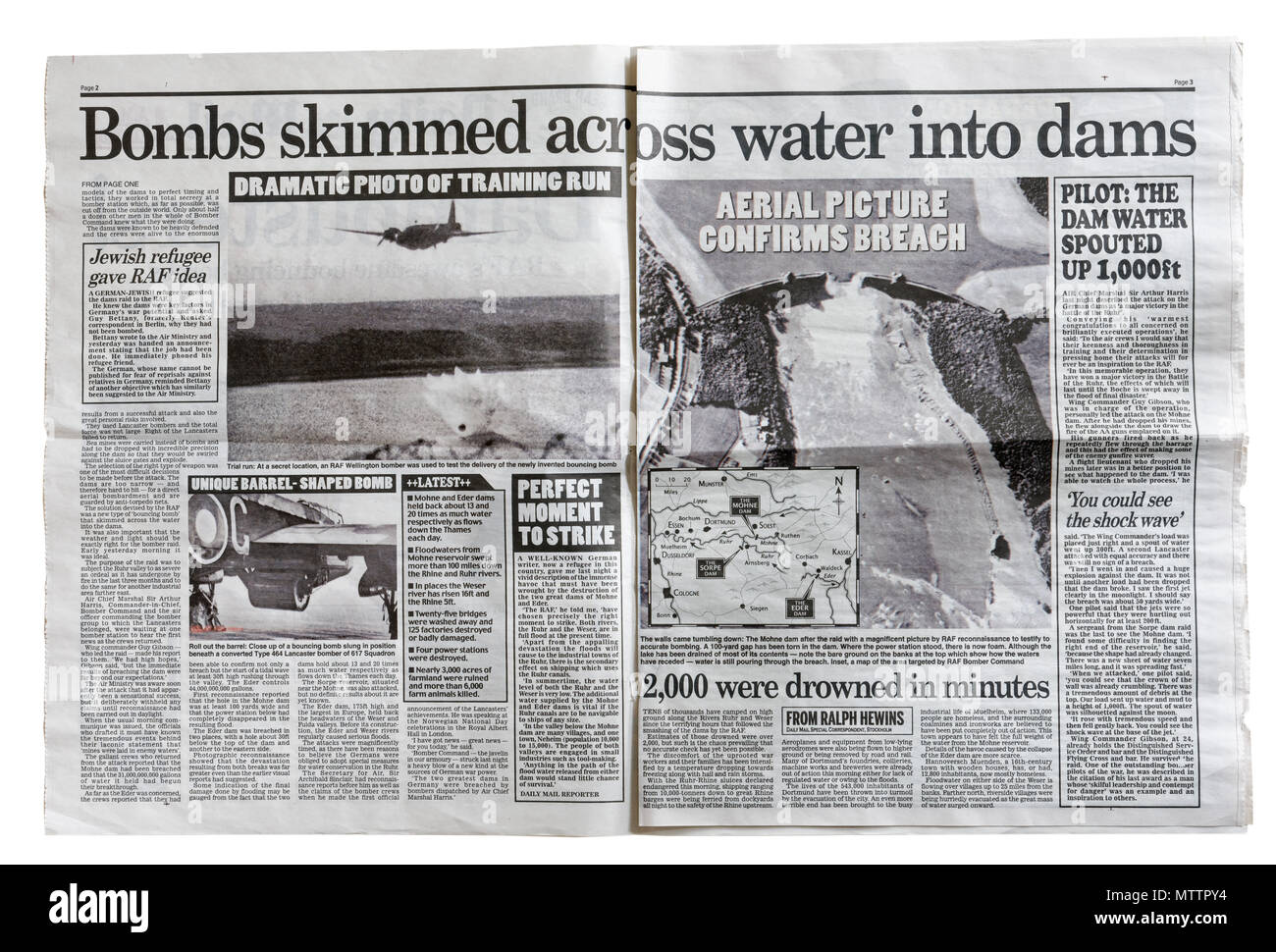 A reproduction of the Daily Mail from 18th May 1943 with the Dambusters headline, reporting Operation Chastise, the raid on the dams in the Ruhr Stock Photo