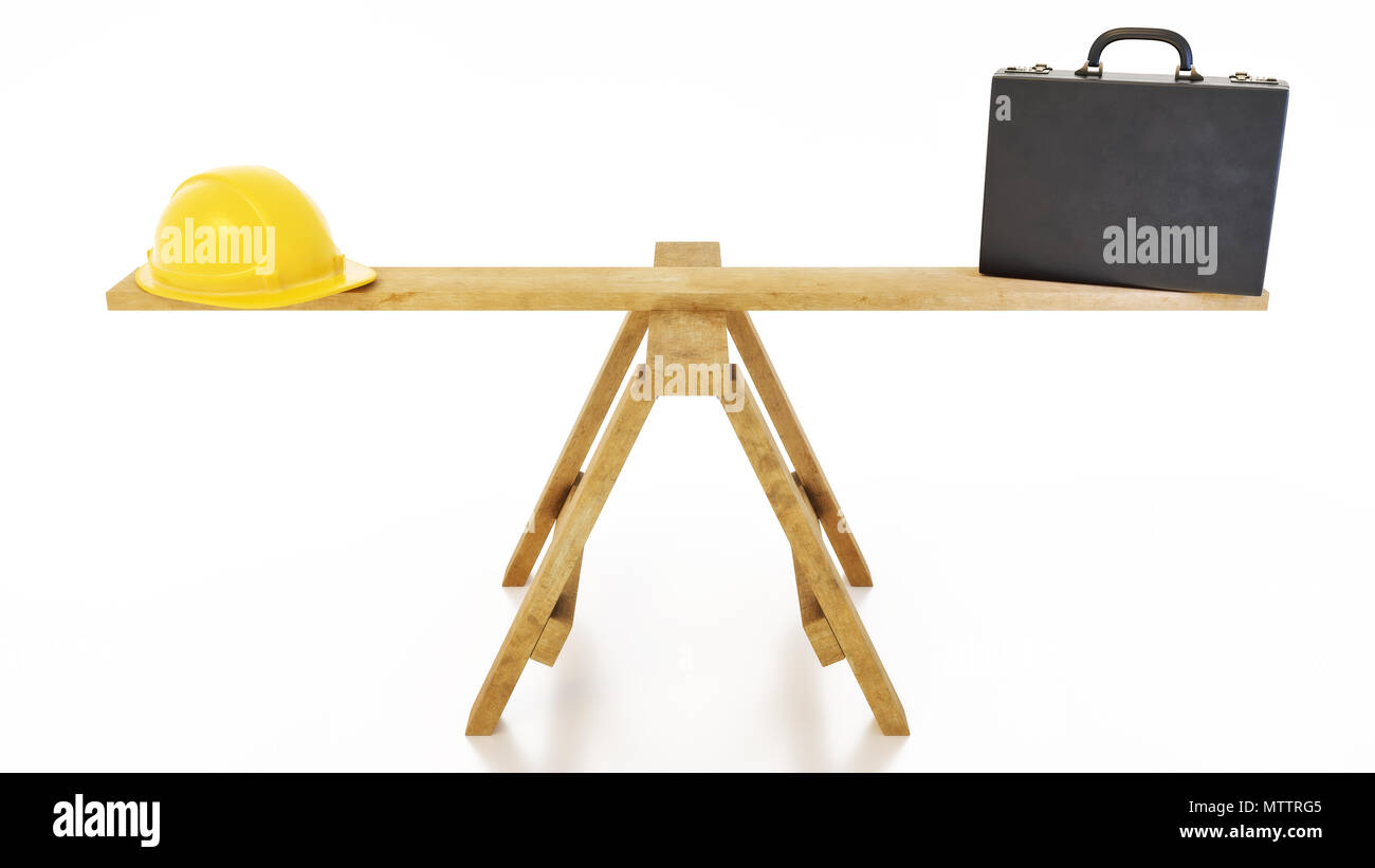 Sawhorse balance beam concept with yellow hard hat and black leather business briefcase isolated on a white background. - 3D Illustration Stock Photo