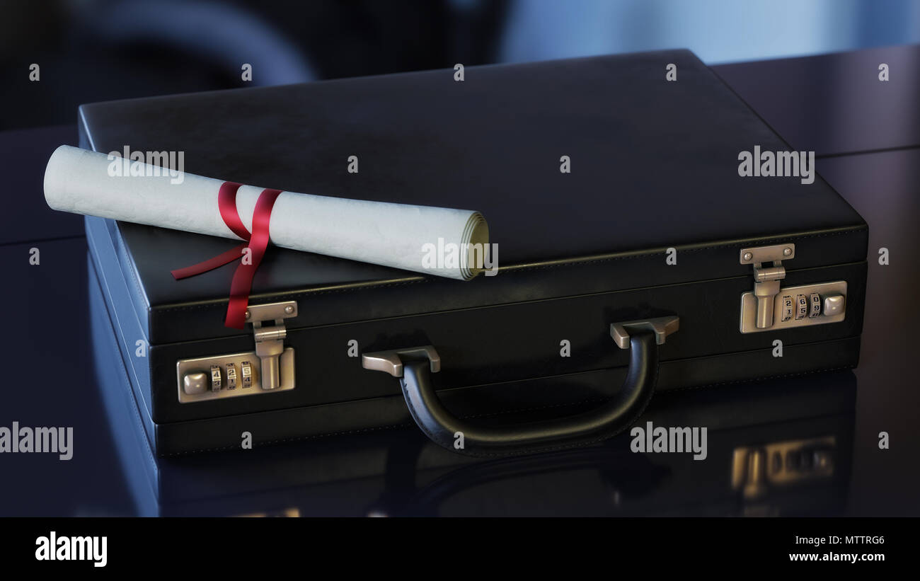 Rolled up diploma parchment with red silk ribbon resting on top of black leather business briefcase.  - 3D Illustration Stock Photo