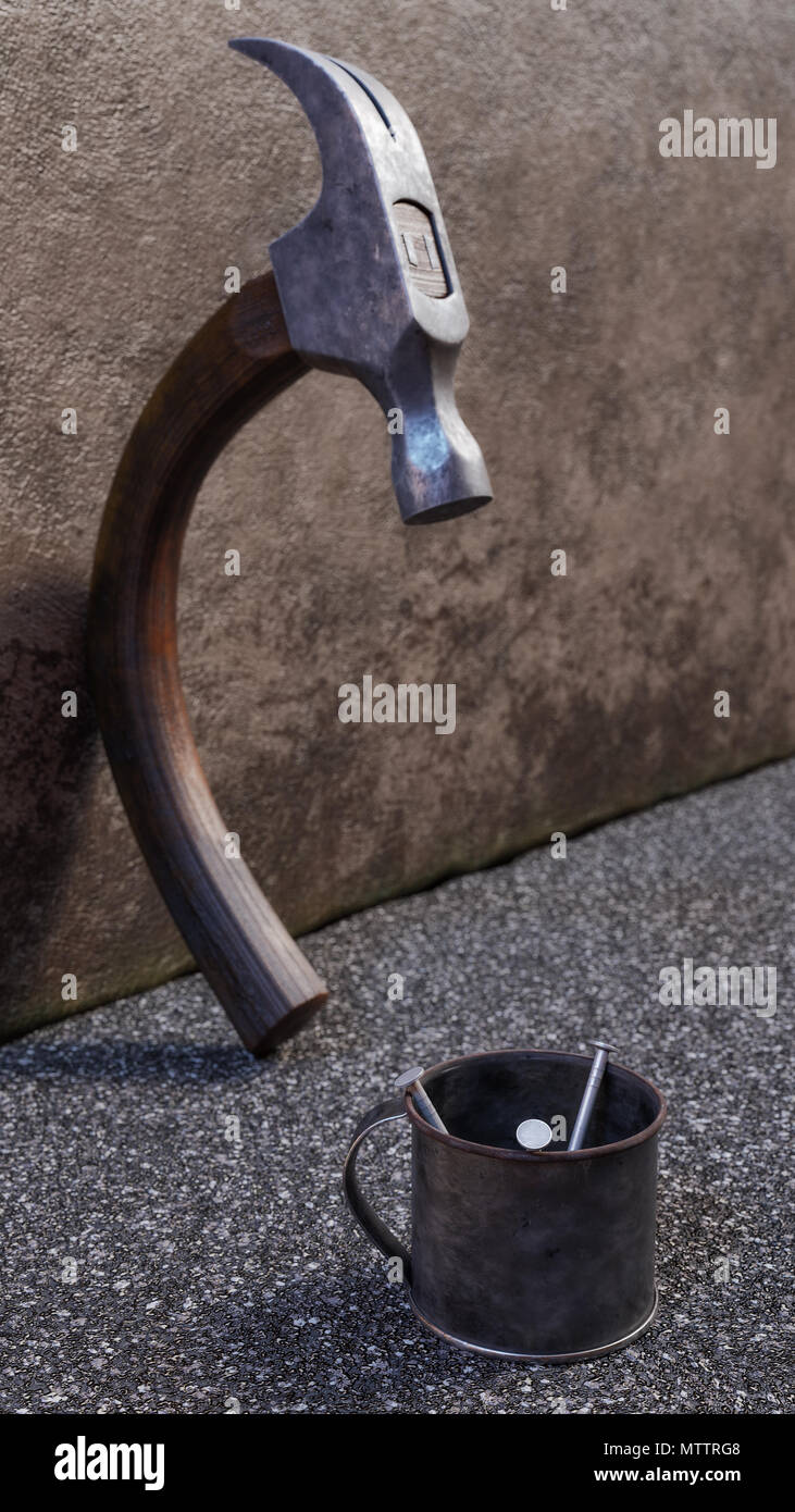 Bent over claw hammer begging for nails beside building street scene concept. - 3D Illustration Stock Photo