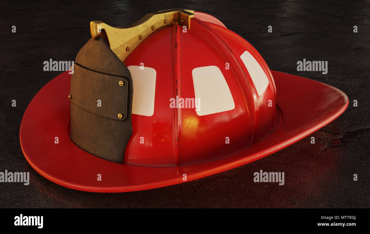 Blank firefighter helmet resting on pacement at night. Stock Photo