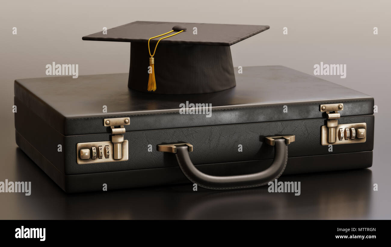 Graduation cap with gold colored tassel resting on top of black leather business briefcase. - 3D Illustration Stock Photo