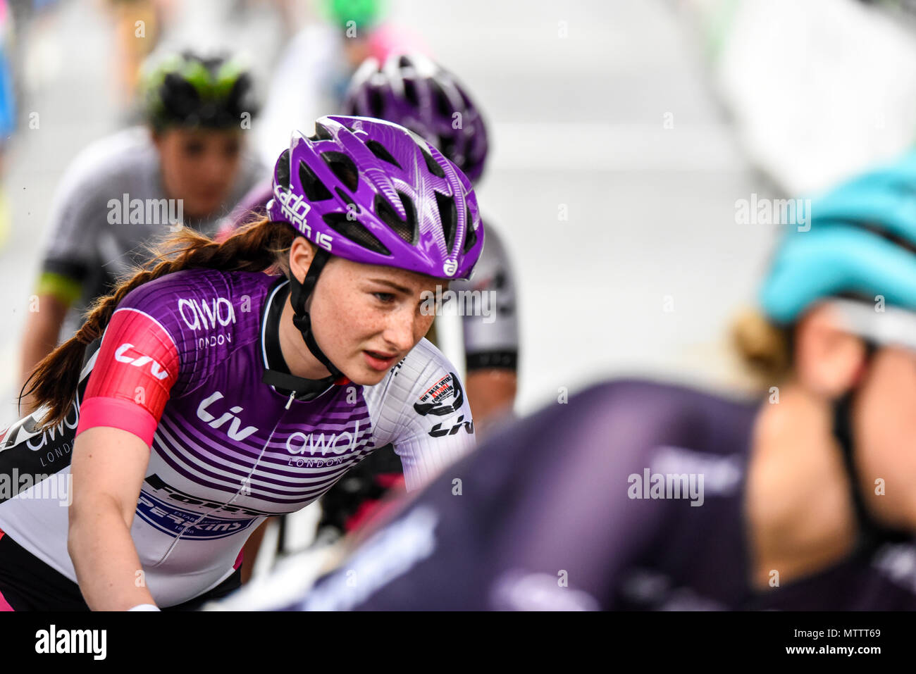 Emily Bridson of team Admiral LIV AWOL racing in the elite women's 2018 OVO Energy Tour Series cycle race at Wembley, London, UK. Round 7 bike race Stock Photo