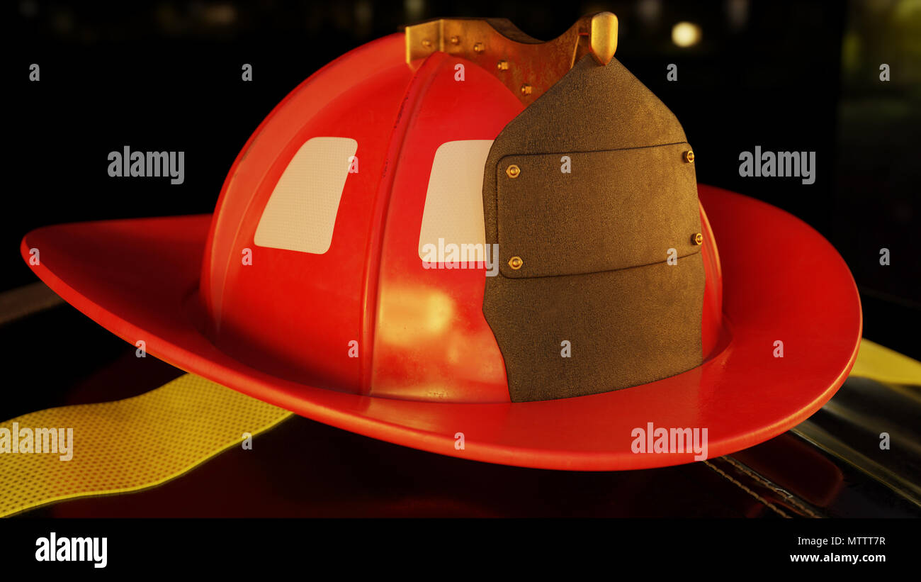 Fireman helmet resting on a firefighter jacket in a dark flame lit scene. Stock Photo