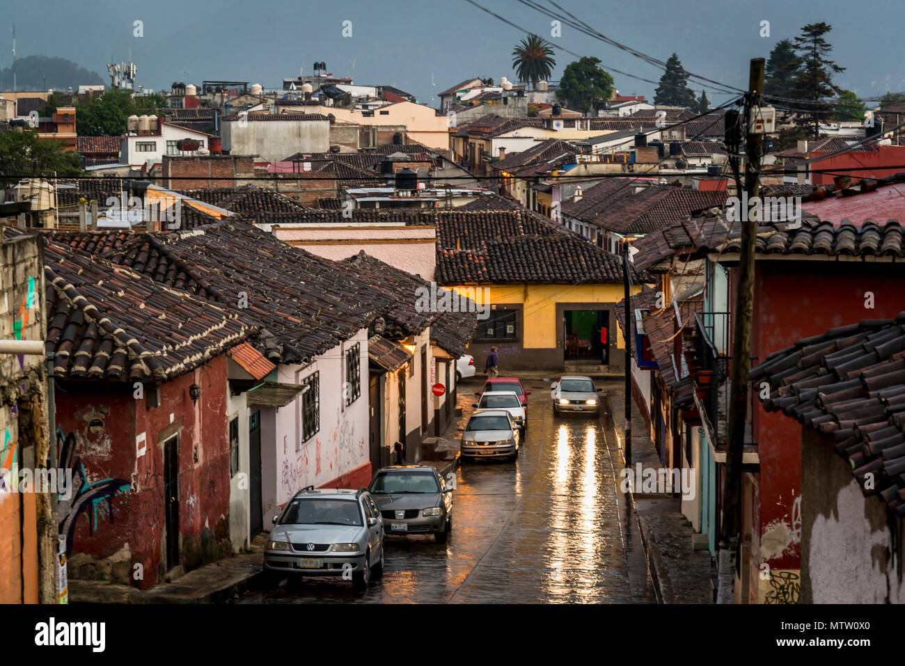 Typical street in historic city centre at night, San Cristobal de las