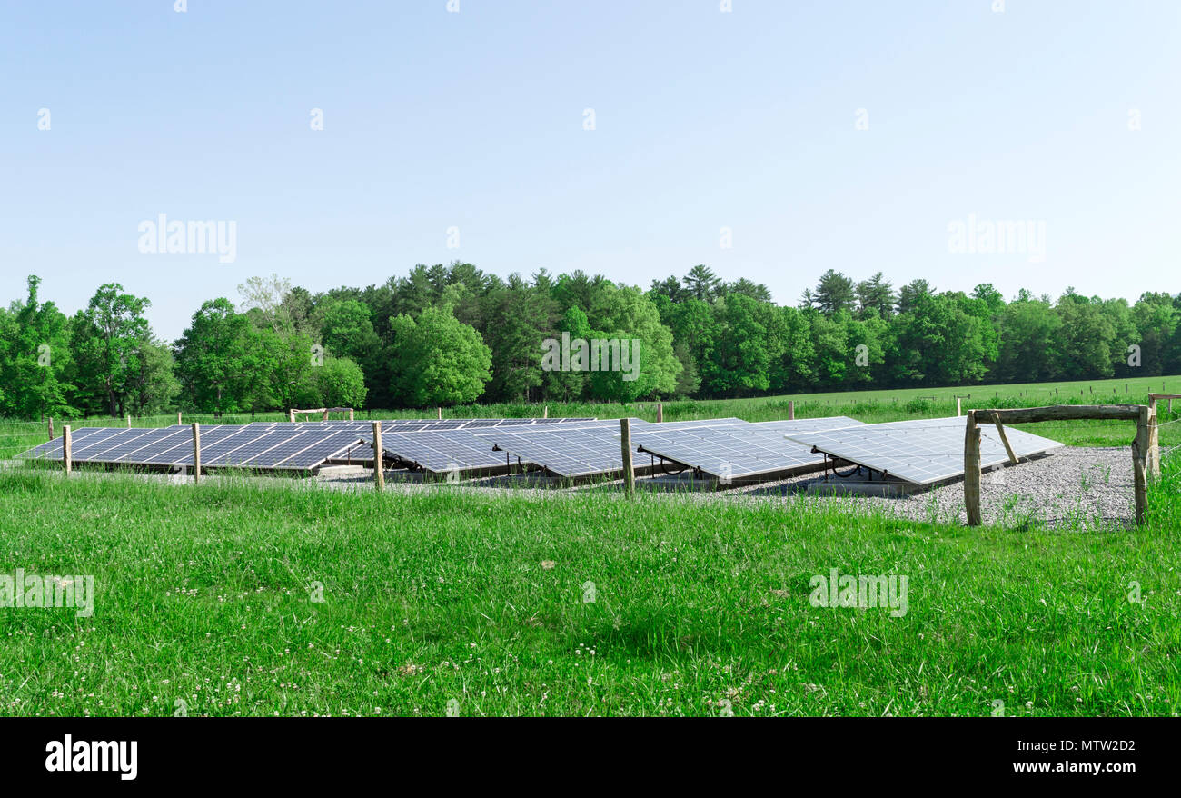 Large solar panels in a wooded area of Cades Cove Tennessee. Stock Photo