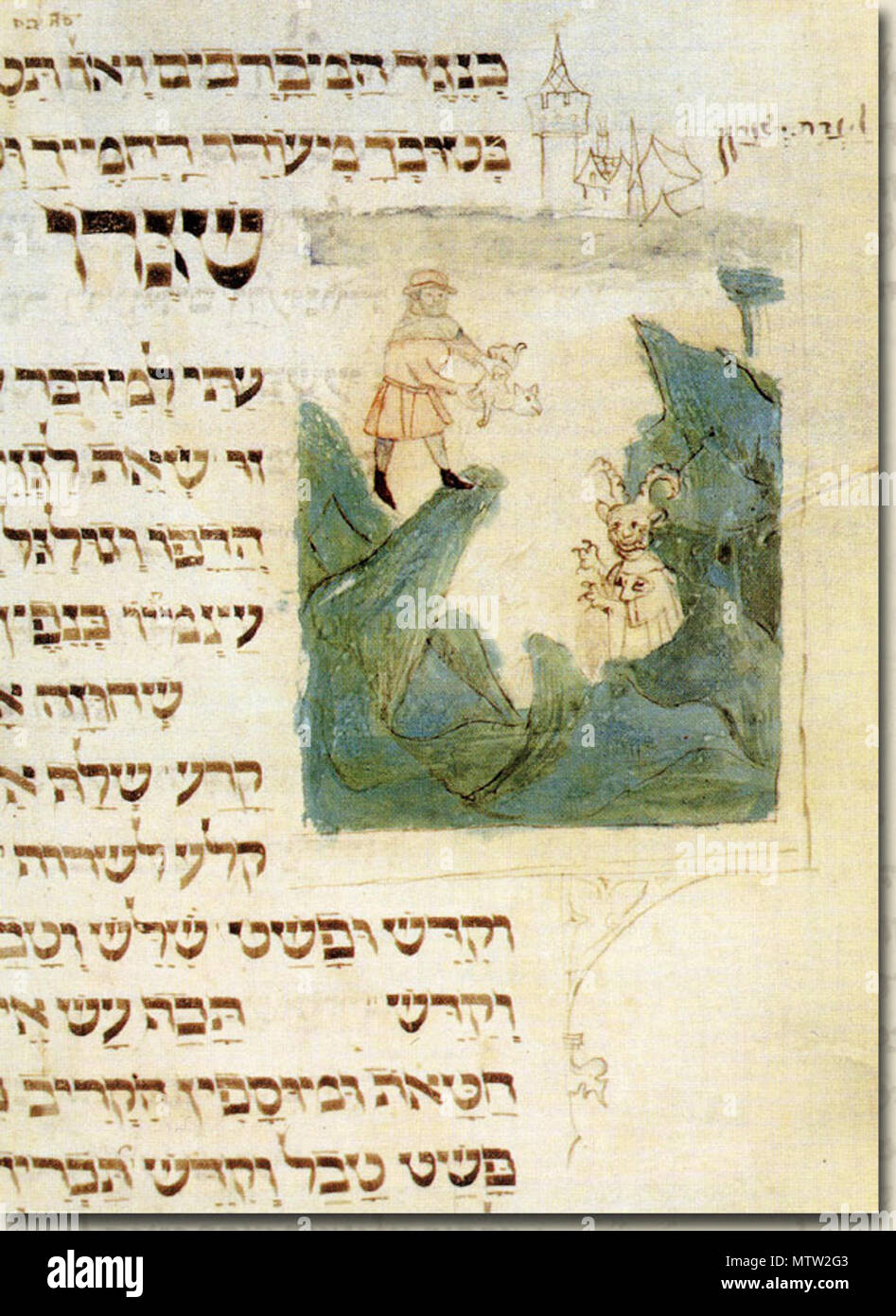 . English: In accordance with the tradition for the Day of Atonement (Yom Kippurim) in Leviticus 16:22, a scapegoat is cast from Mount Azazel into the abyss, to Azael, who appears as a horned and clawed mountain demon or devil. Illustration from a Machzor produced in Germany, perhaps Heilbronn, between 1370 and 1400 (MS Kaufmann A 387). 14th century. Unknown 293 Illustration-azazel Stock Photo