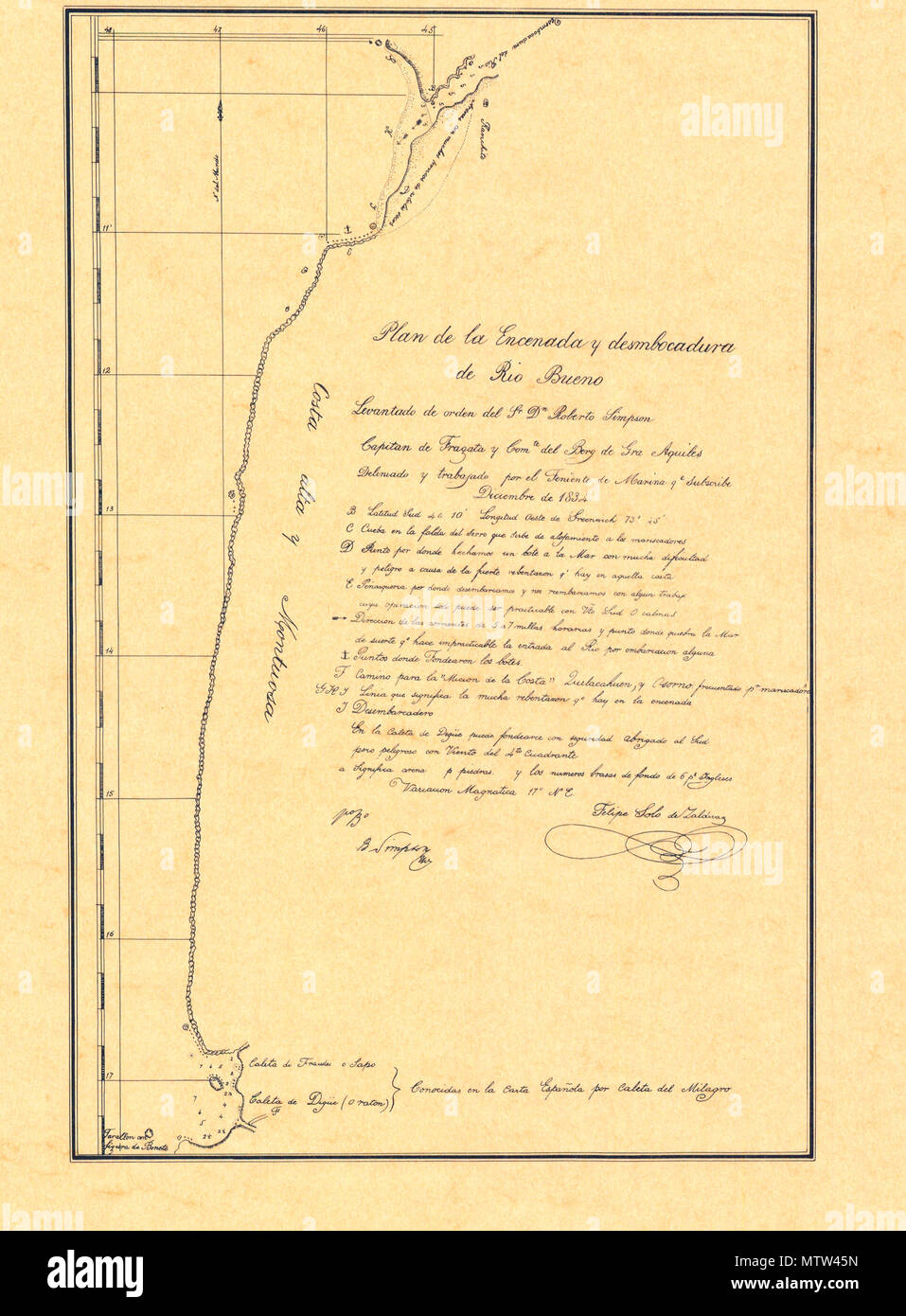 . Español: Plano del primer levantamiento hidrográfico efectuado por la Marina de Chile en 1834. 28 December 1834. Mariam 522 Riobueno1834 Stock Photo
