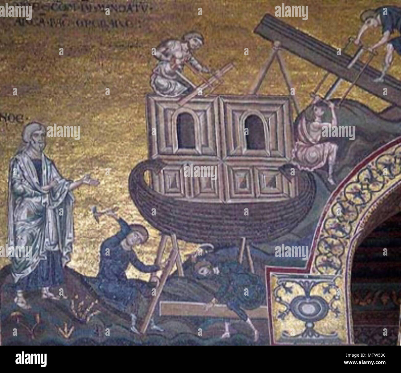 . English: Construction of Noah's Ark. Mosaic in Monreale cathedral, Sicilia. 14th century. Anonimous master 447 Noah moreale01 Stock Photo