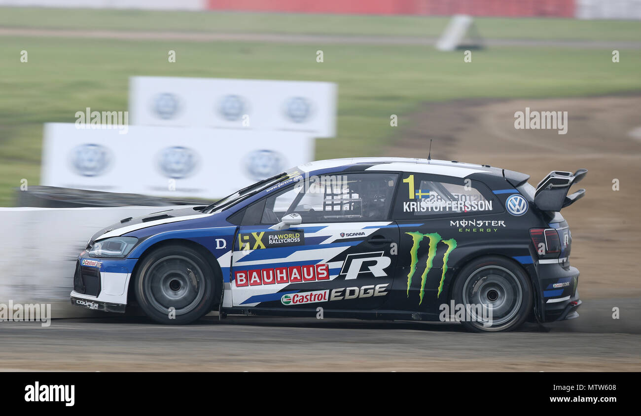 Johan Kristoffersson during day two of the 2018 FIA World Rallycross Championship at Silverstone, Towcester. PRESS ASSOCIATION Photo. Picture date: Saturday May 26, 2018. See PA story AUTO Rally. Photo credit should read: David Davies/PA Wire Stock Photo