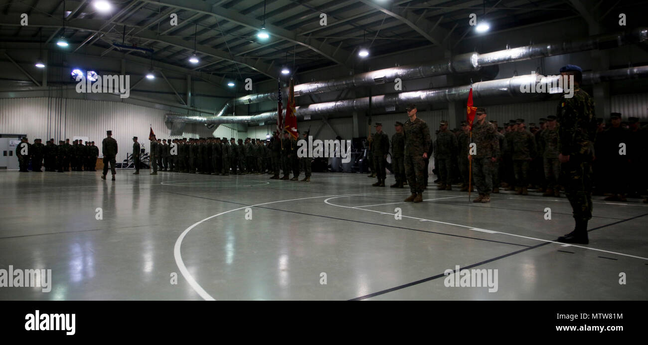 U.S. Marines and Romanian forces stand together at attention at the introduction of the transfer of authority ceremony on Mihail Kogalniceanu Air Base, Romania, Jan. 26, 2017. BSRF 16.2 was relieved by BSRF 17.1 after their six month deployment that included operations with 14 partner nations in Europe. (U.S. Marine Corps photo by Cpl. Sean J. Berry) Stock Photo