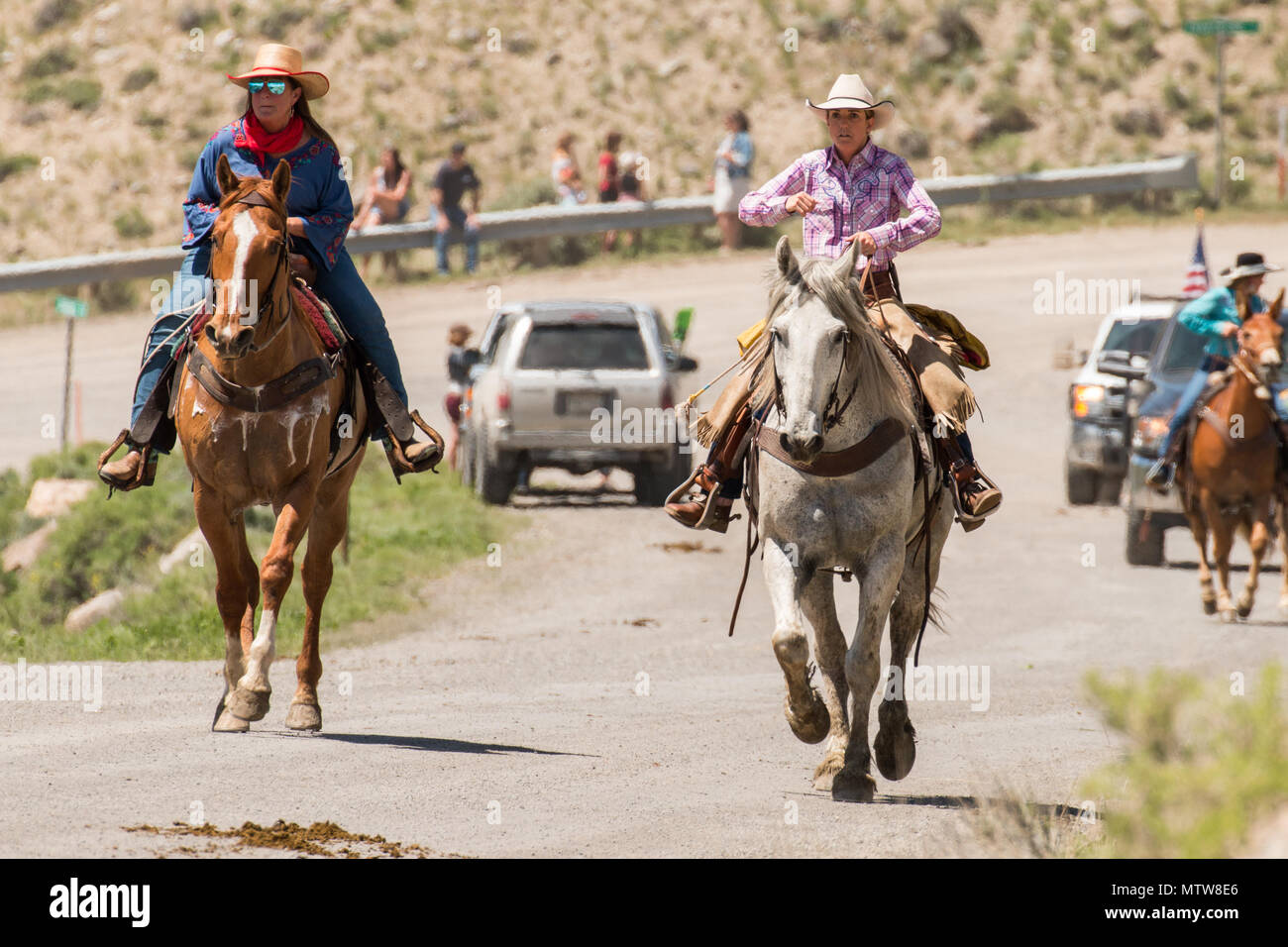 Gardiner, Montana May 26, 2018 Cowboys drive horses through Gardiner