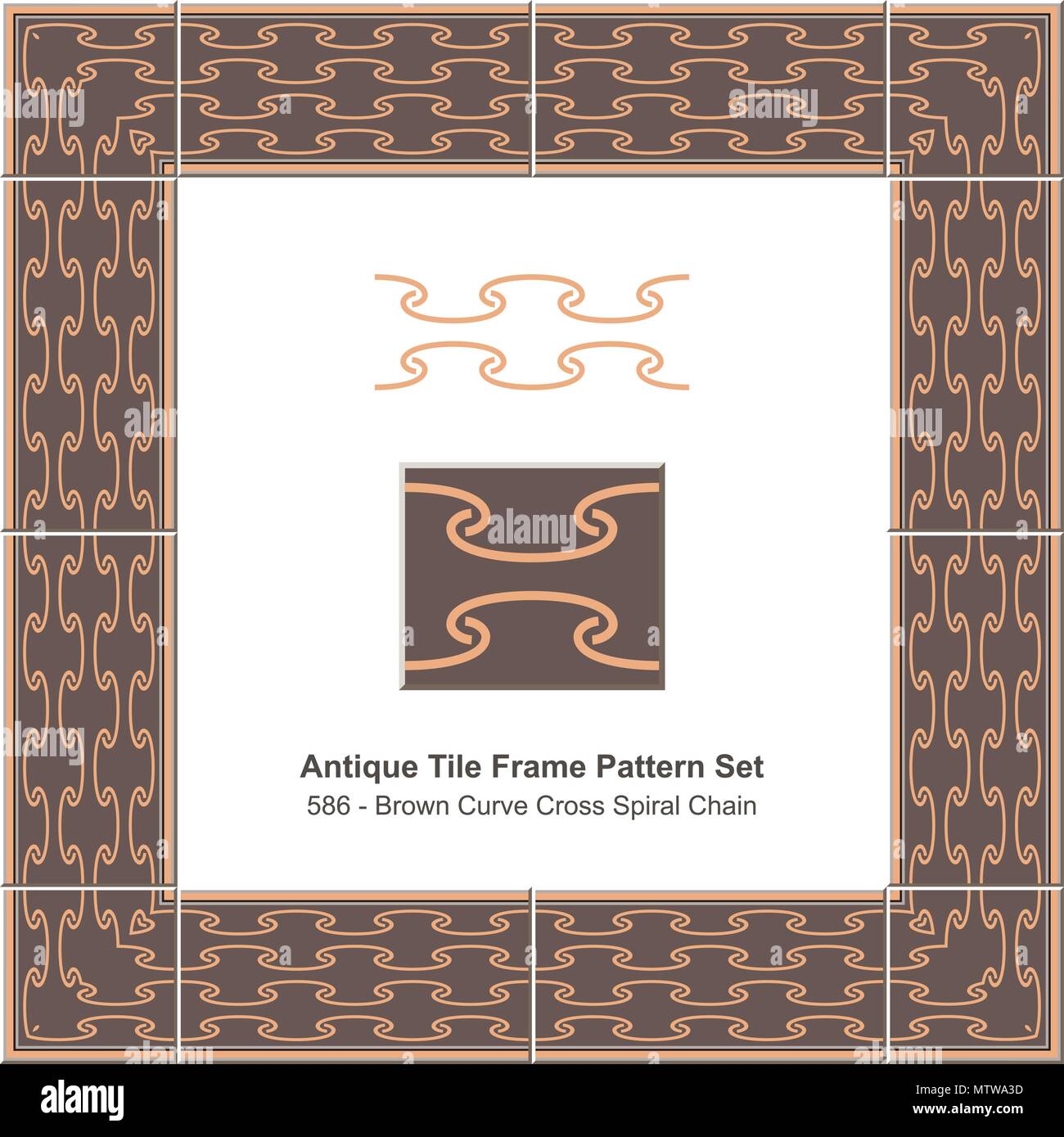Antique tile frame pattern set brown curve cross spiral chain, ceramic ...
