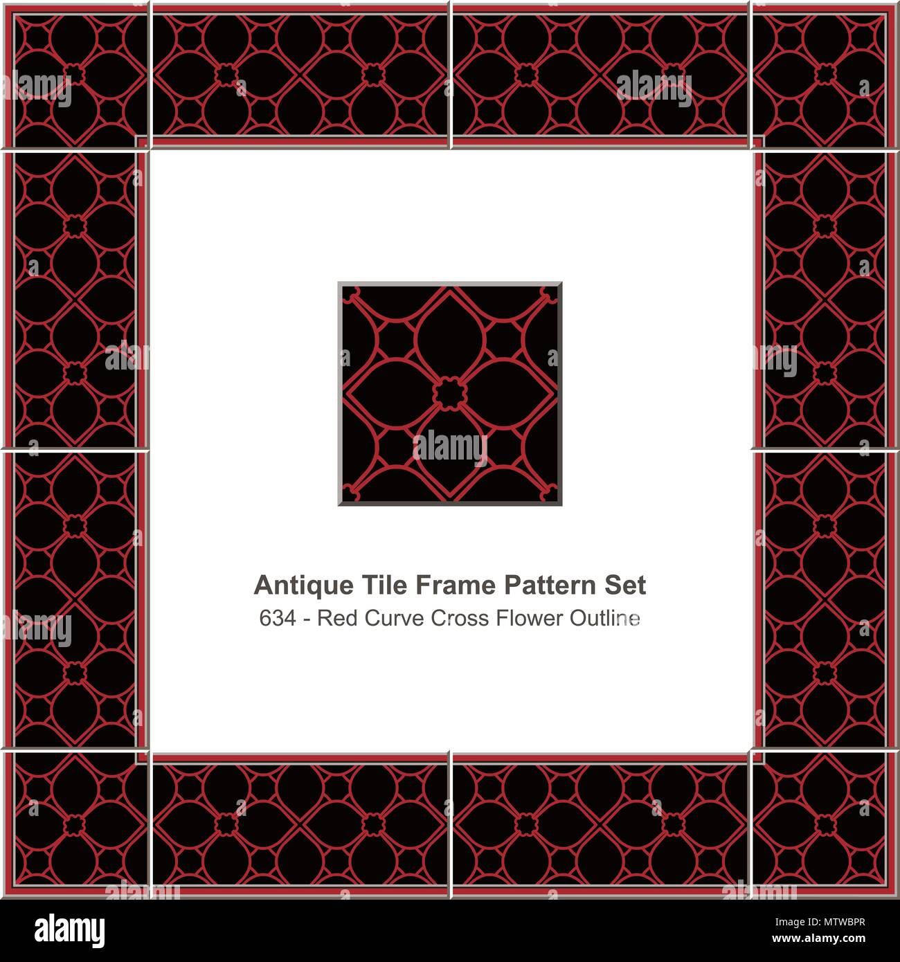 antique tile frame pattern set red curve cross flower outline