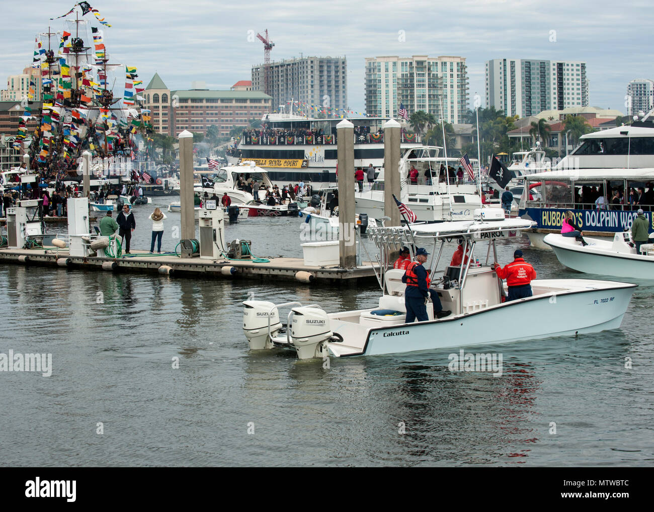 Crews from the Coast Guard Auxiliary work with local law enforcement agencies Saturday, Jan. 28, 2017 to keep waterways safe during the 2017 Gasparilla Parade and Pirate Festival in the Port of Tampa. U.S. Coast Guard Petty Officer 1st Class Michael De Nyse Stock Photo
