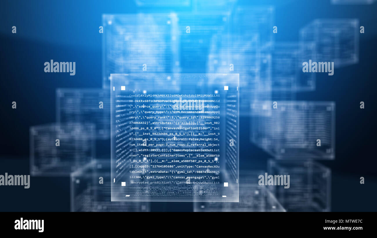 A futuristic 3d rendering of transparent program code square and ...