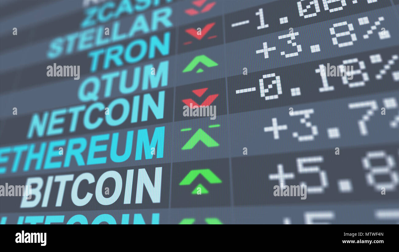 An impressive 3d illustration of crypto currency market indicators of Bitcoin, Netcoin, Tron with white digits, pluses and minuses, red and green arro Stock Photo