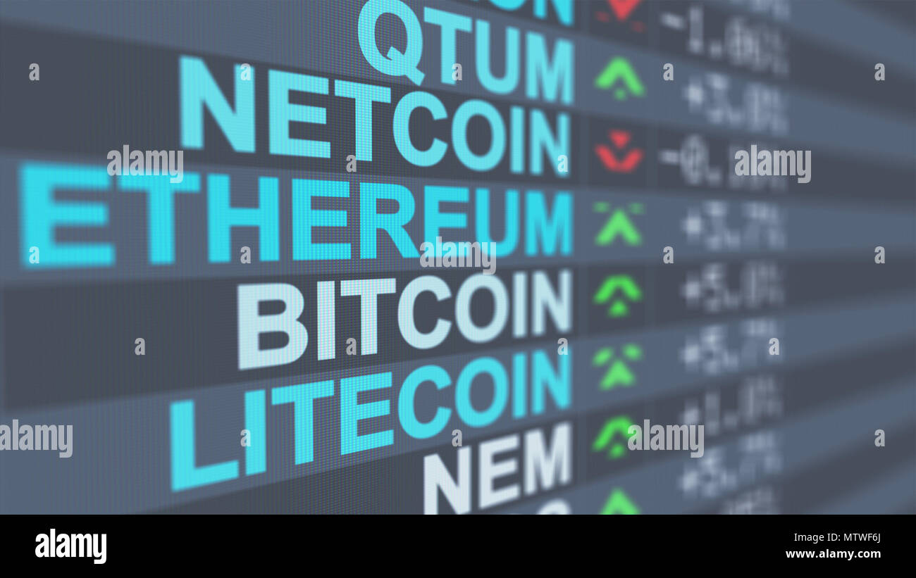 A professional 3d illustration of crypto currency market indicators of  Bitcoin, Qtum, Netcoin with numbers, pluses and minuses, red and green arrows, Stock Photo