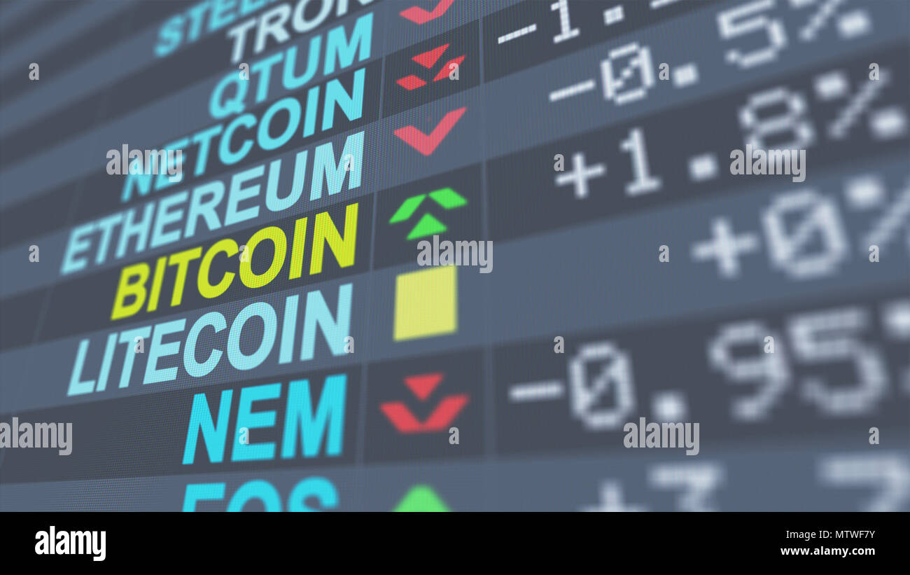 An arty 3d illustration of multicolored crypto currency exchange symbols of  Bitcoin, Litecoin, Nem with digits, signs, pluses and minuses, arrows, on Stock Photo