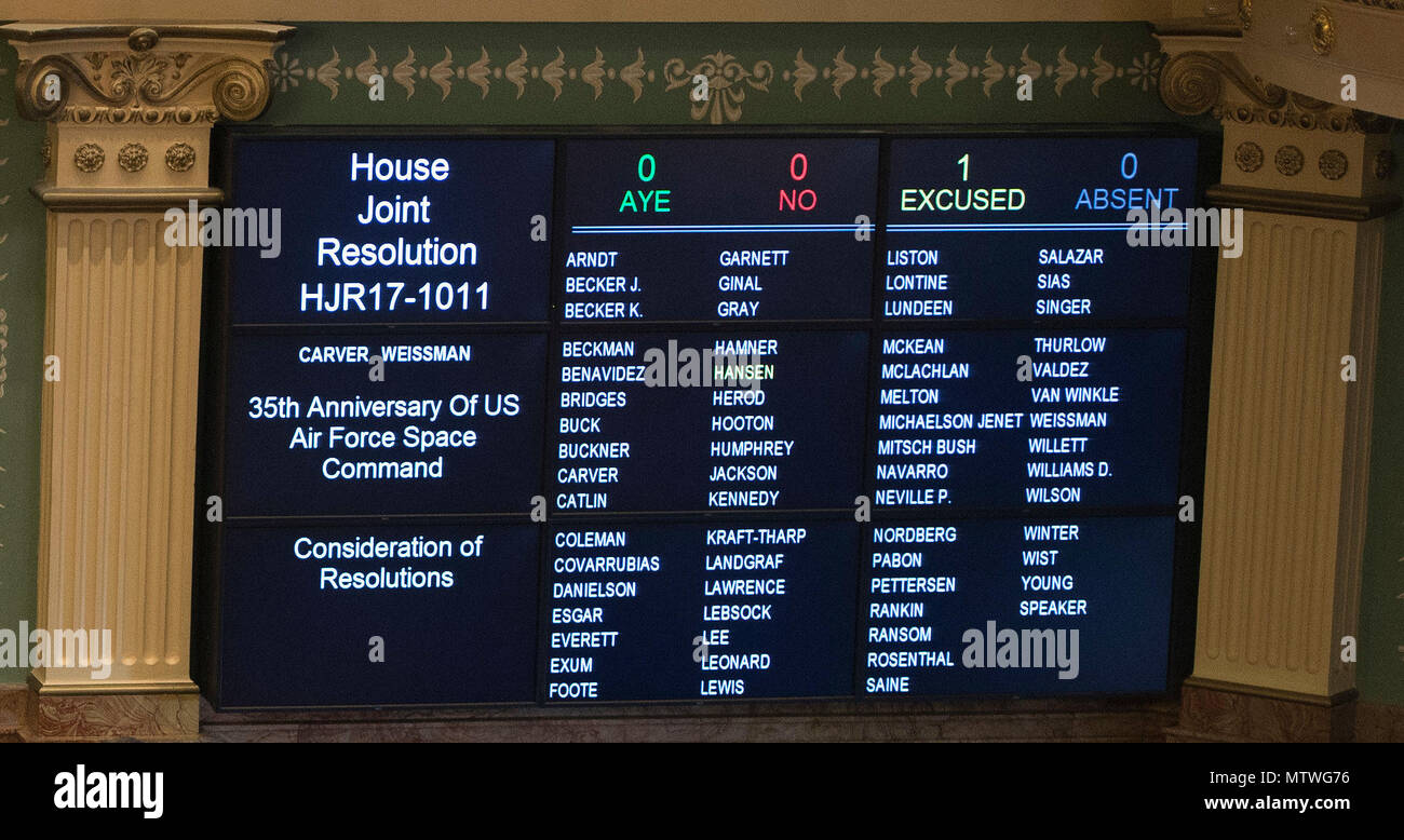 DENVER (Jan. 27, 2017) – The roll call board in the Colorado House of Representatives announces the upcoming vote which unanimously approved a resolution honoring the 35th anniversary of Air Force Space Command, headquartered in Colorado Springs, Colo. during Military and Veterans Appreciation  Day at the Capital Jan. 27, 2017.  (US Air Force Photo by Dave Grim -- Released) Stock Photo