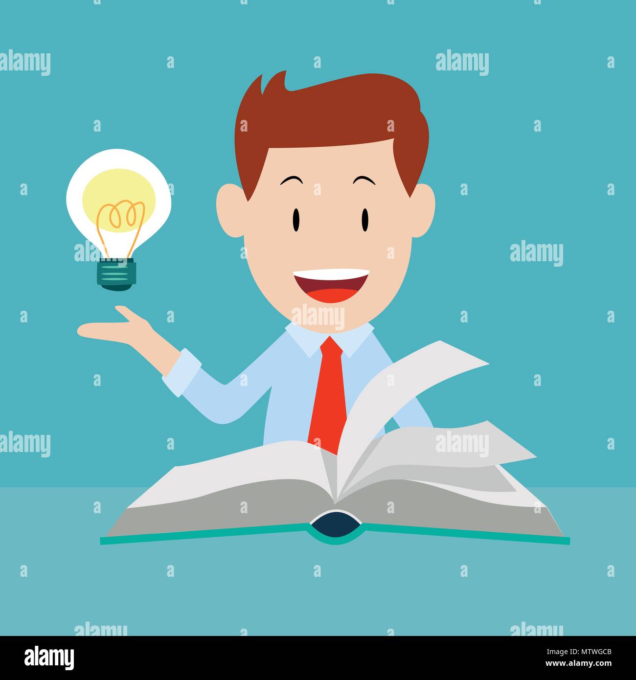 Happy businessman reading book with idea, Knowledge business education concept. Reading book for skill development - Flat Vector Illustration. Stock Vector