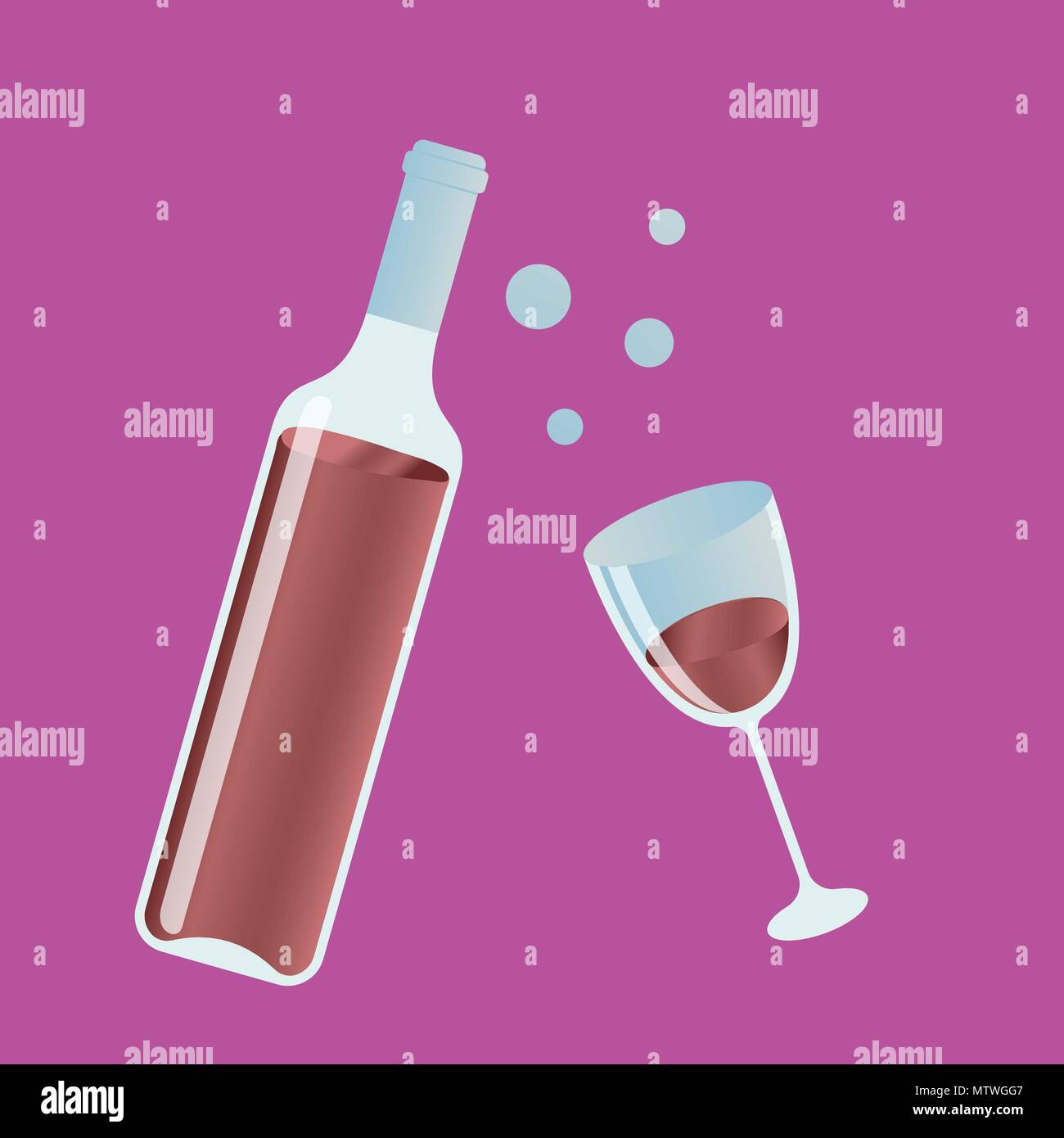 Opened red wine bottle, filled wine glasses on violet background - Vector Illustration Stock Vector