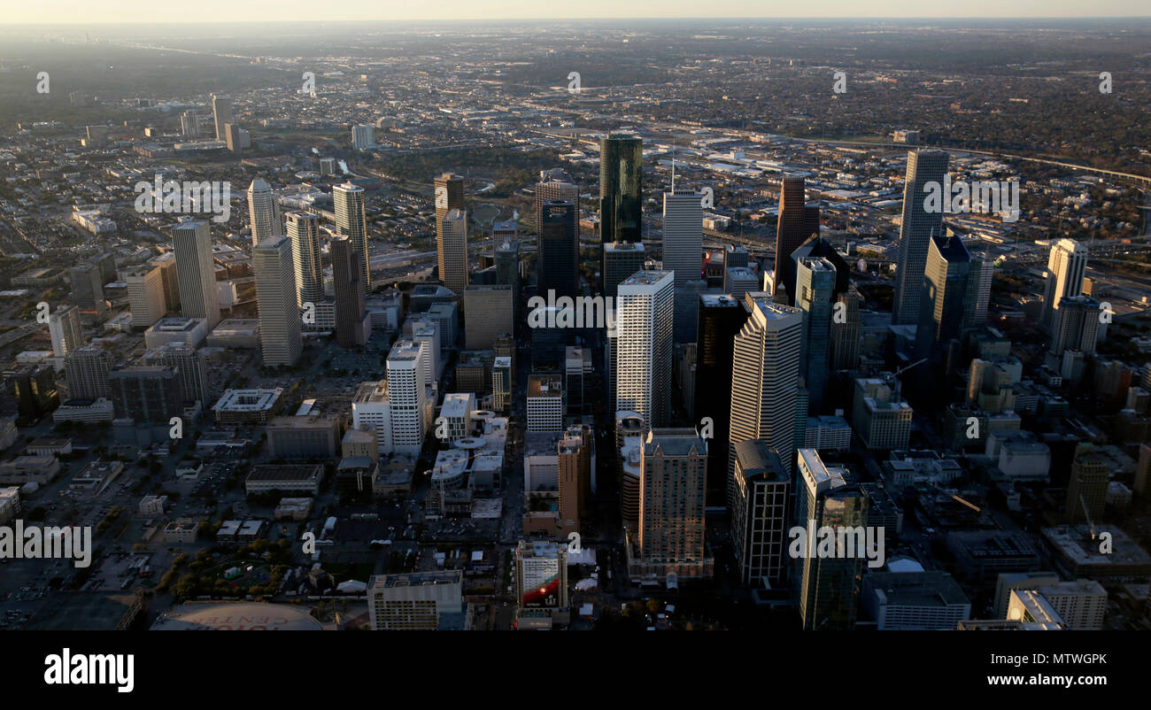 Downtown Houston is visible during the flyover of a U.S. Customs and Border Protection A-Star helicopter as it makes a flight over the are as it prepares to provide security to this coming weekend's Super Bowl 51 game in Houston, Texas, Jan. 30, 2017. U.S. Customs and Border Protection Photo by Glenn Fawcett Stock Photo