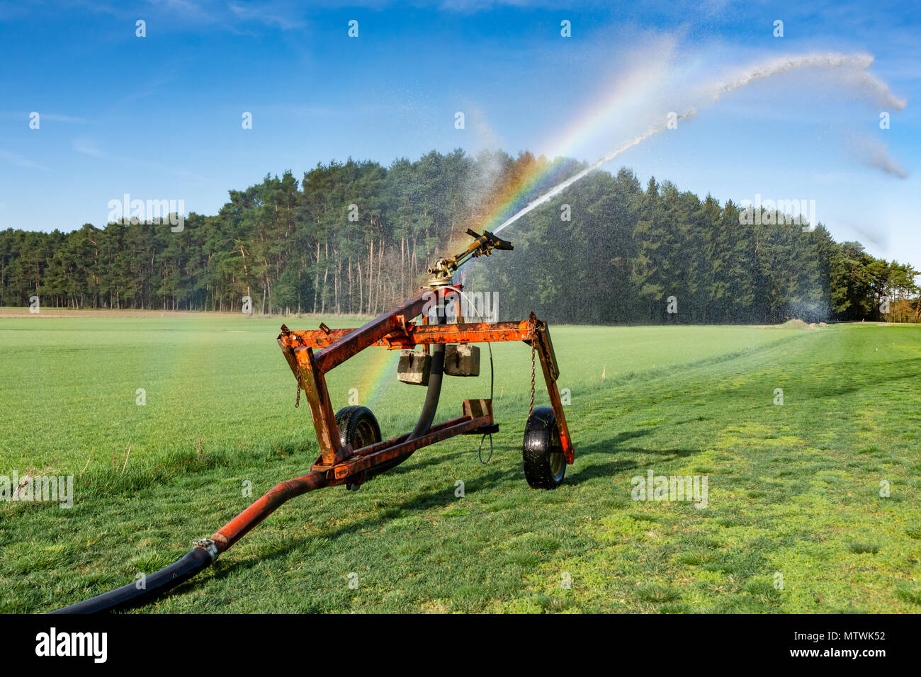Watering a field with a sprinkler system Stock Photo