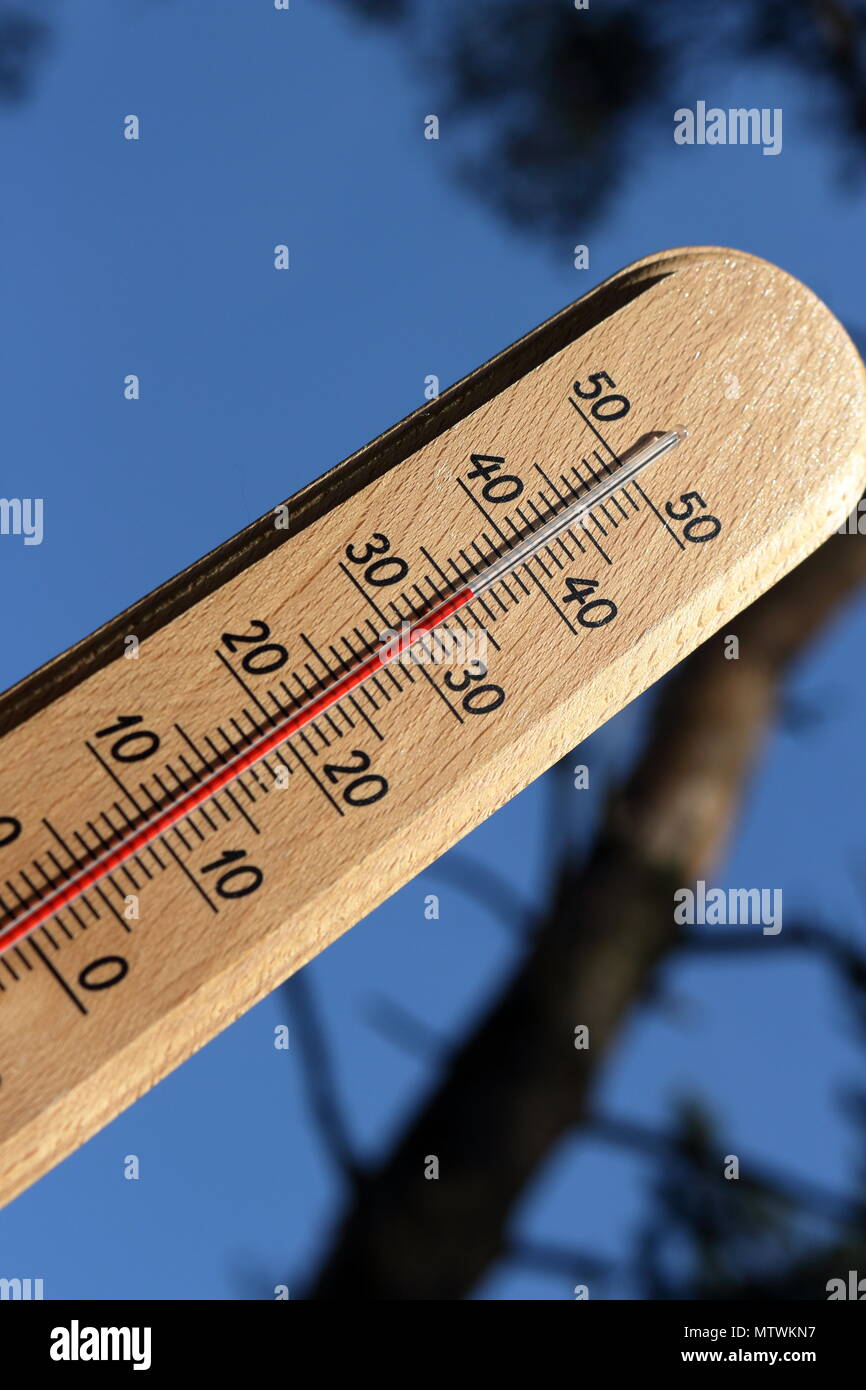 Thermometer showing high temperature on a hot, sunny day with a tree and clear blue sky background Stock Photo