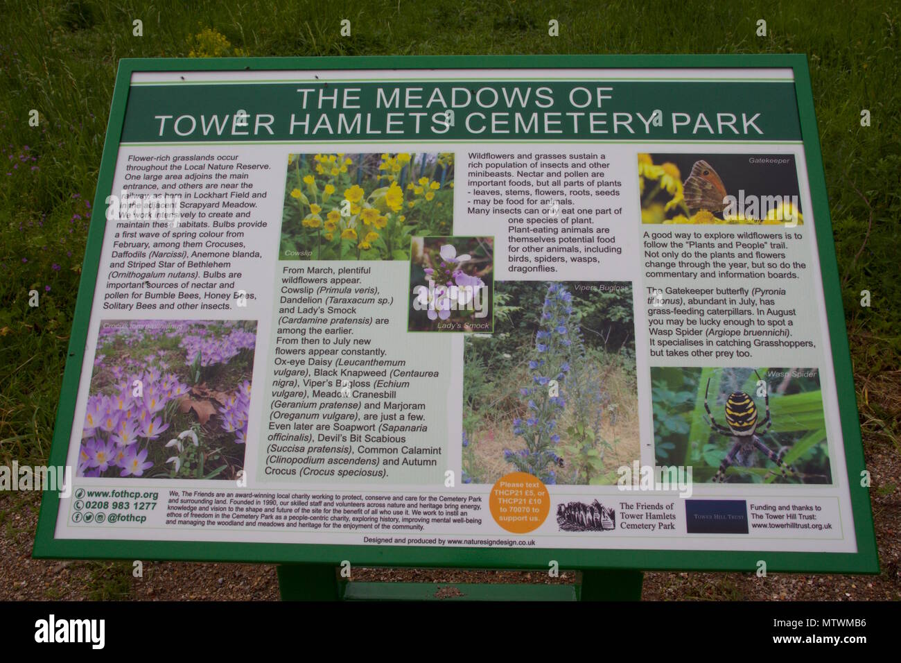 Flower and Wildlife information board for the meadows of Tower Hamlets Cemetery Park Stock Photo