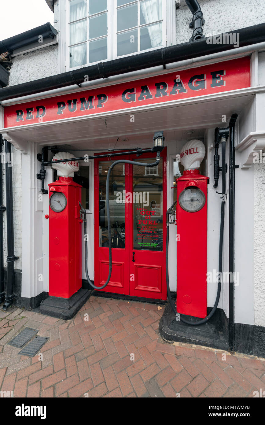 Red pump garage in Great Missenden, featured in Roald Dahl book Stock Photo