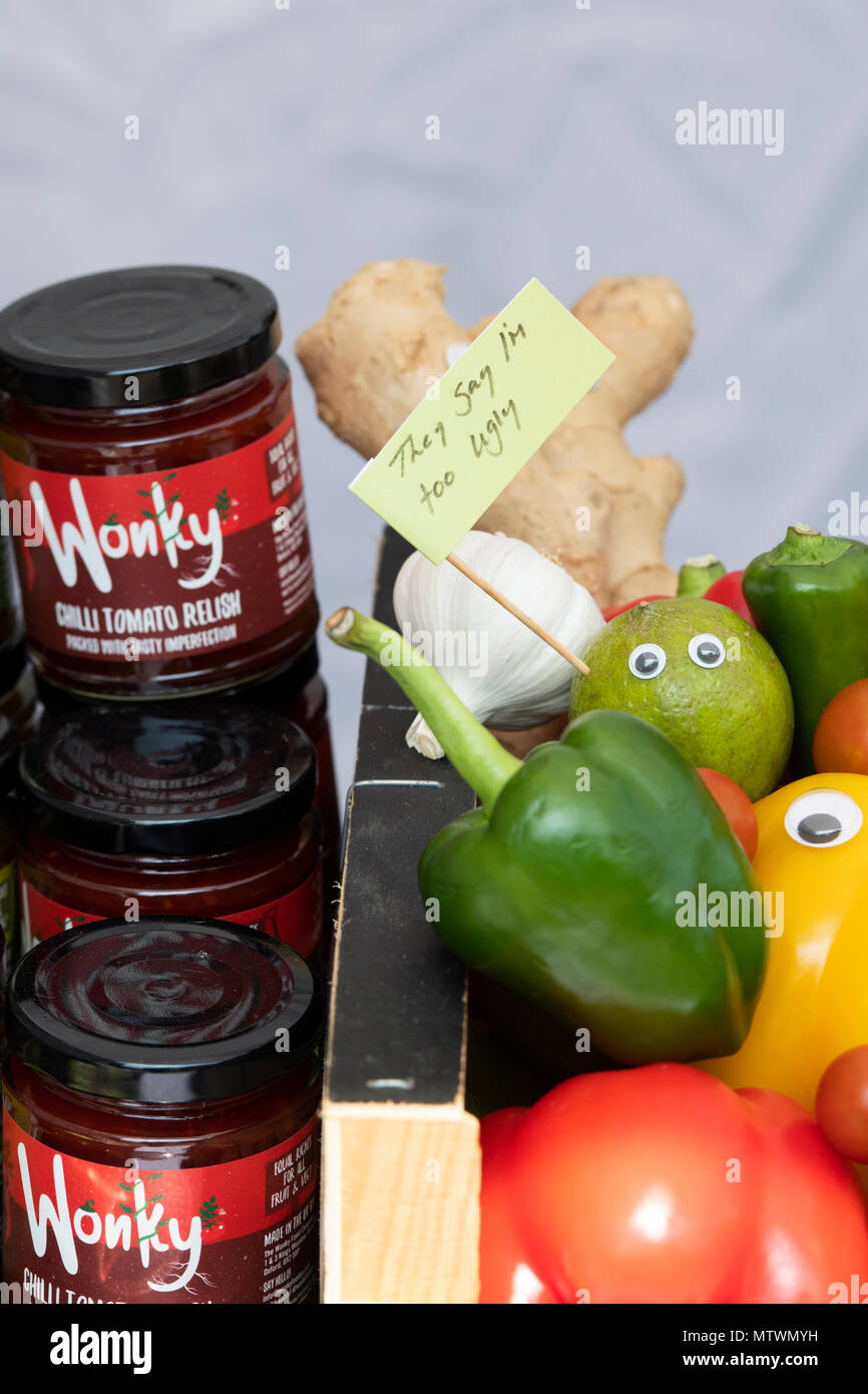 Relish made from wonky fruit and vegetables. Wonky food Company stall at a food festival. Oxfordshire, England Stock Photo