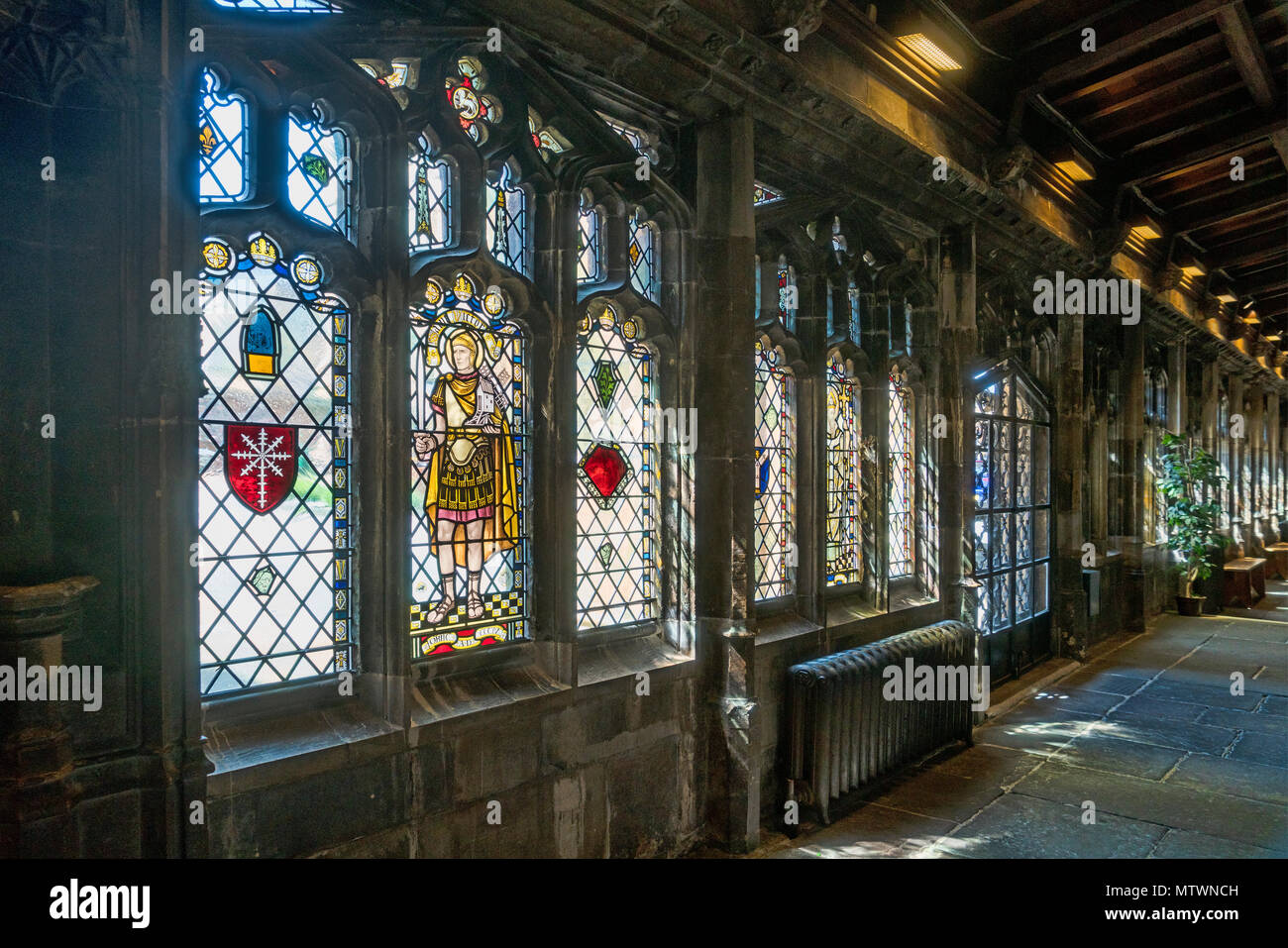 Bristol Cathedral cloisters, stained glass windows, England, UK Stock Photo Alamy