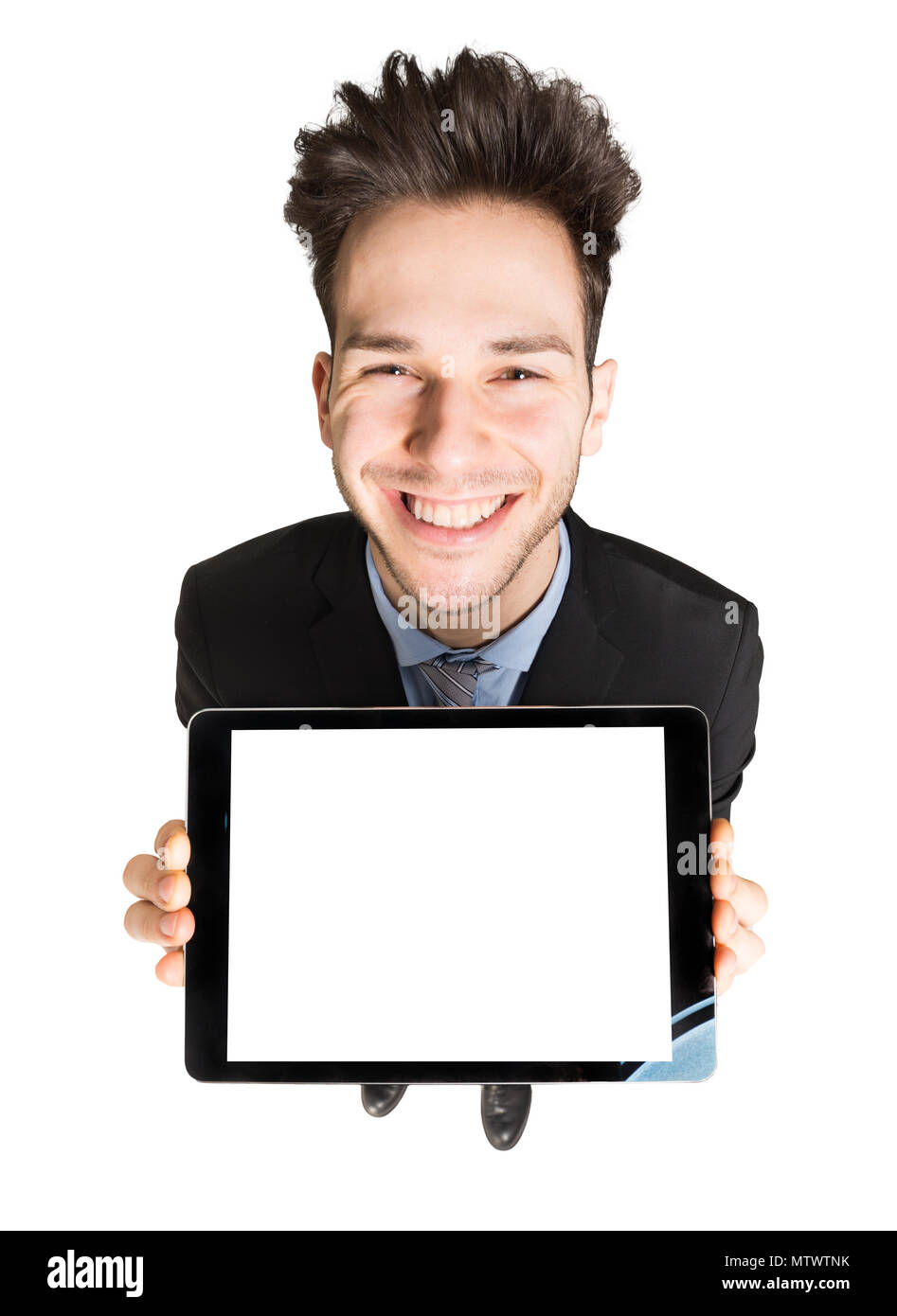 Man holding a tablet with a blank screen Stock Photo - Alamy