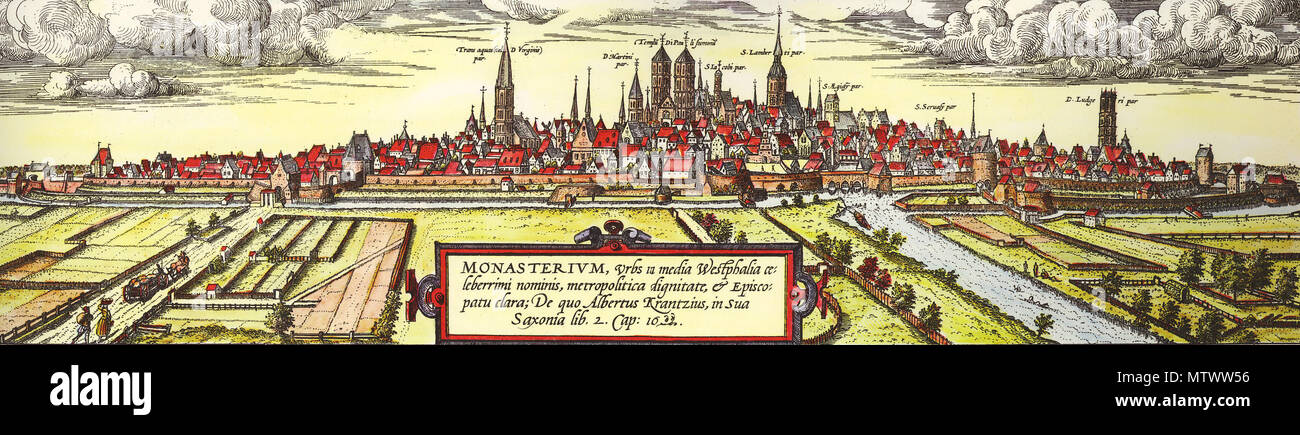 . English: Historical view of the German town of Münster by Georg Braun and Frans Hogenberg (between 1572 and 1618). Big churches seen on the picture (from left to right): Liebfrauenkirche (Überwasserkirche), St. Pauls-Cathedral (in the center), Lambertikirche, Ludgerikirche. In the center in front of the cathedral the 'Neuwerk' as part of the citywall where the river Aa crosses the city border. between 1572 and 1618. Georg Braun & Franz Hogenberg 432 Muenster Braun-Hogenberg Stock Photo