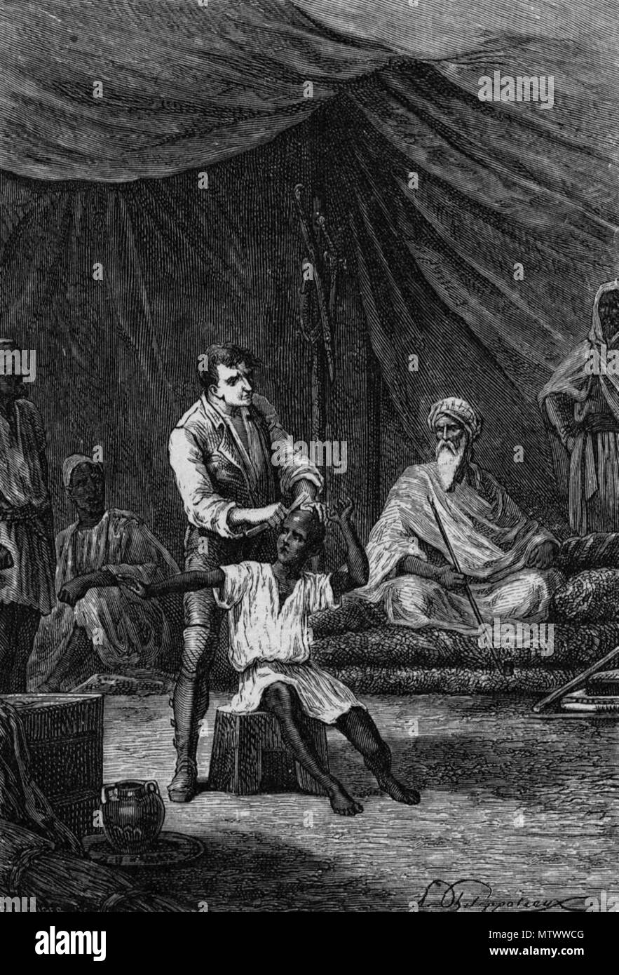 . English: Illustration of Scottish explorer Mungo Park as prisoner by Arab chief Ali, being made to shave the head of a boy (after slightly cutting the boy's head, he was given other tasks), while exploring Gambia, Senegal & Niger River basins in Africa. 1901. Unknown 432 Mungo Park as prisoner by Ali Stock Photo
