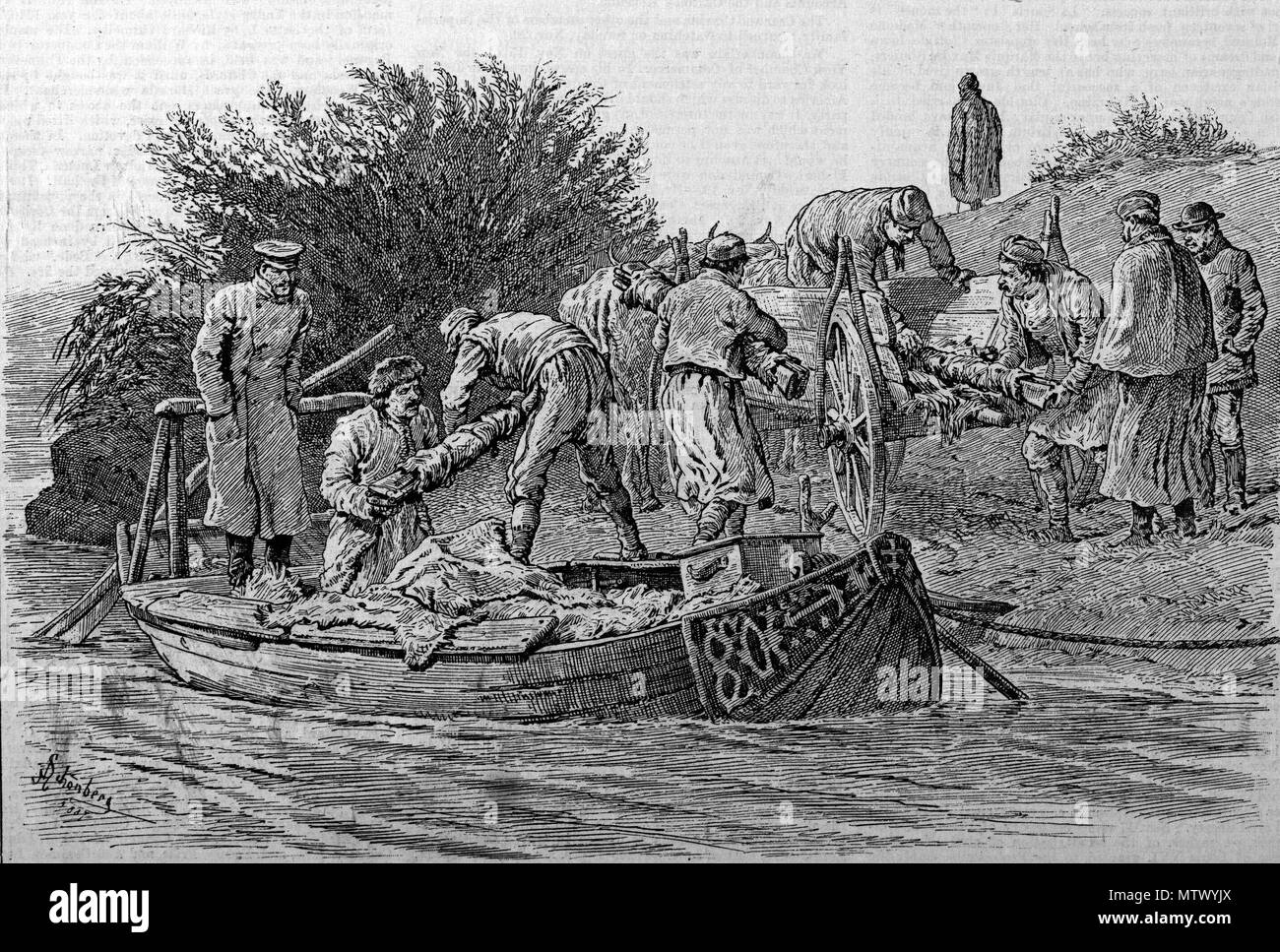. Roumanian frontier guards searching a boat on the Danube for contraband Russian muskets . 26 November 1887. M. Lachmann 529 Roumanian frontier guards searching a boat on the Danube for contraband Russian muskets Stock Photo