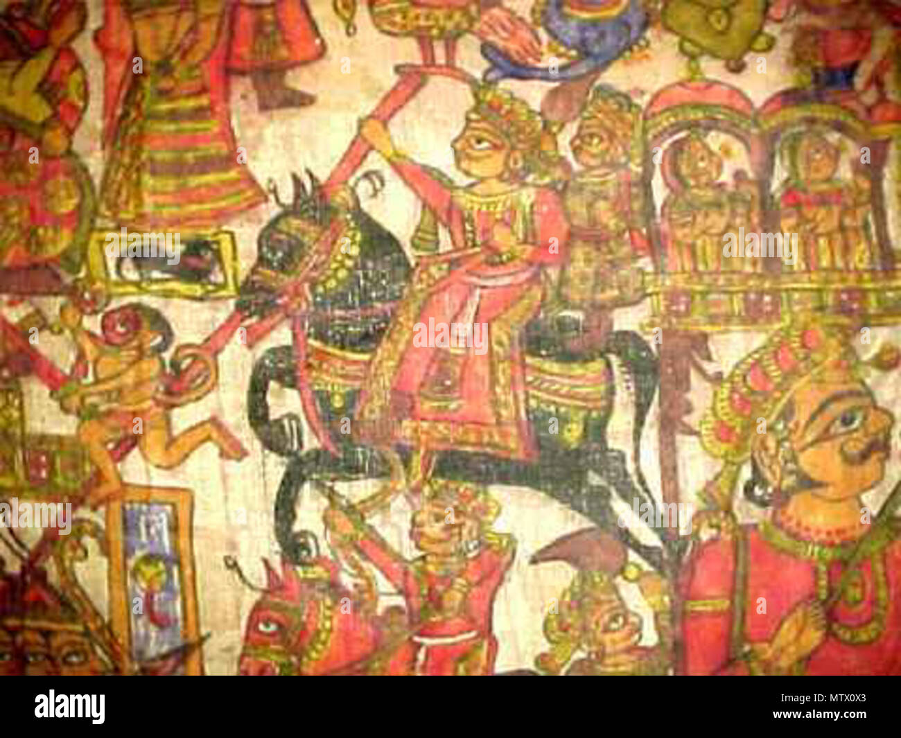 . English: A series of images of another par of Pabuji, this one from the early 19th century Source: ebay, April 2002 'This is an old (mid 1800s or earlier) Par. The painted textile is approximately 16 feet long and 55 1/2 inches wide. The story painting has been used to relay the story many times through the years and shows normal wear, especially on the bottom edge. There are some old repairs. The textile is made of two narrow pieces ( 26 3/4') sewen together. It appears to be an old linen-type material.' . early 19th century. Unknown 462 Pabuji2g Stock Photo