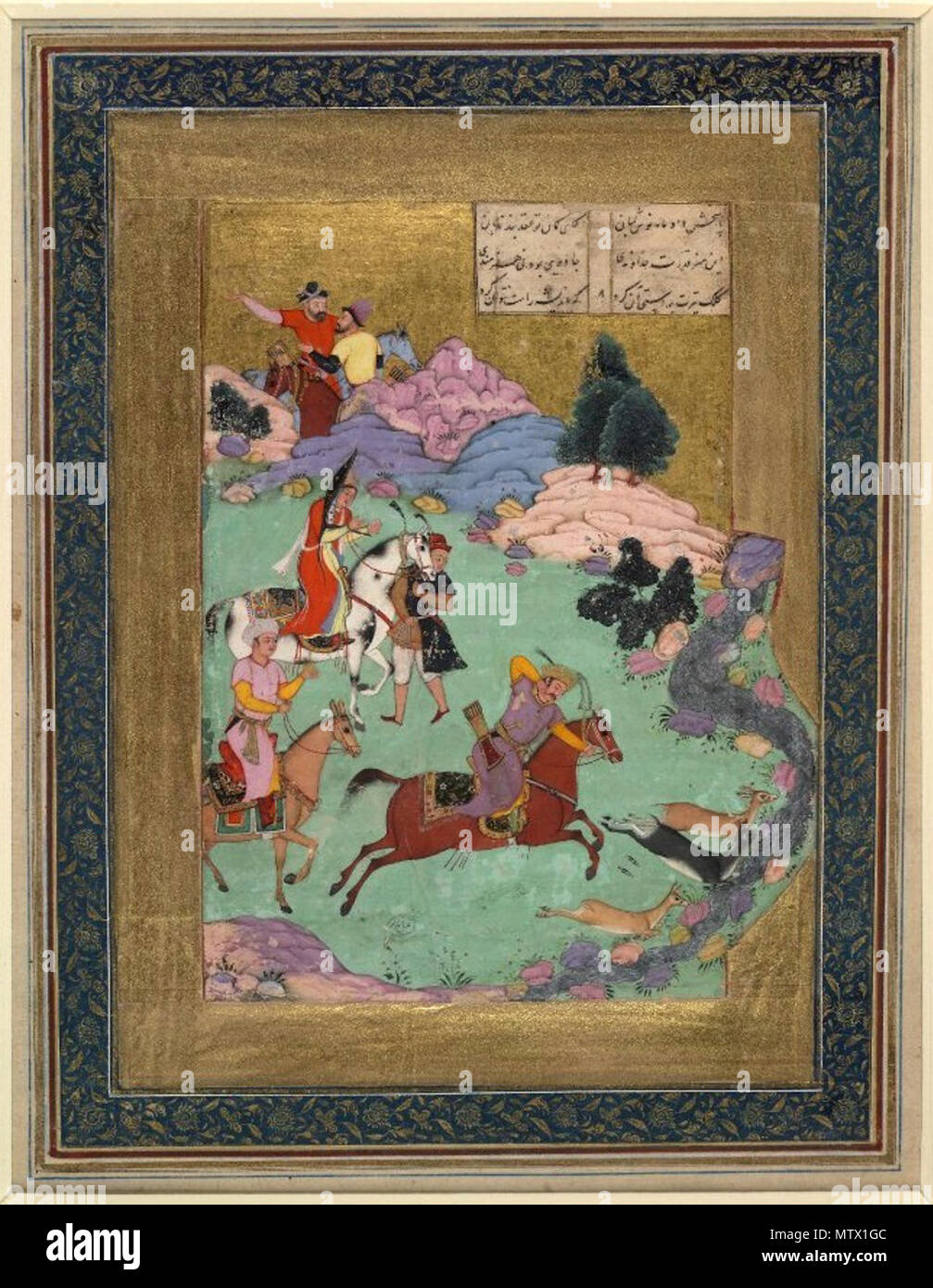 . English: Album leaf; painting depicts Bahram Gur (central figure) on horseback hunting three doe, from a Khamseh of Amir Khusrau Dihlavi. Behind the hunter stand two attendants on horseback, and one on foot. In the far distance two hunters stand behind a rocky hill. A stream, rocky hills, and minimal folliage decorate the background. Two columns, each composing of three lines of text, appear in the top right corner. Painted in opaque watercolours, gold leaf, and ink on paper. circa 1610. Amir Khusrau Dihlavi. 463 Painting depicts Bahram Gur (central figure) on horseback hunting three doe, fr Stock Photo