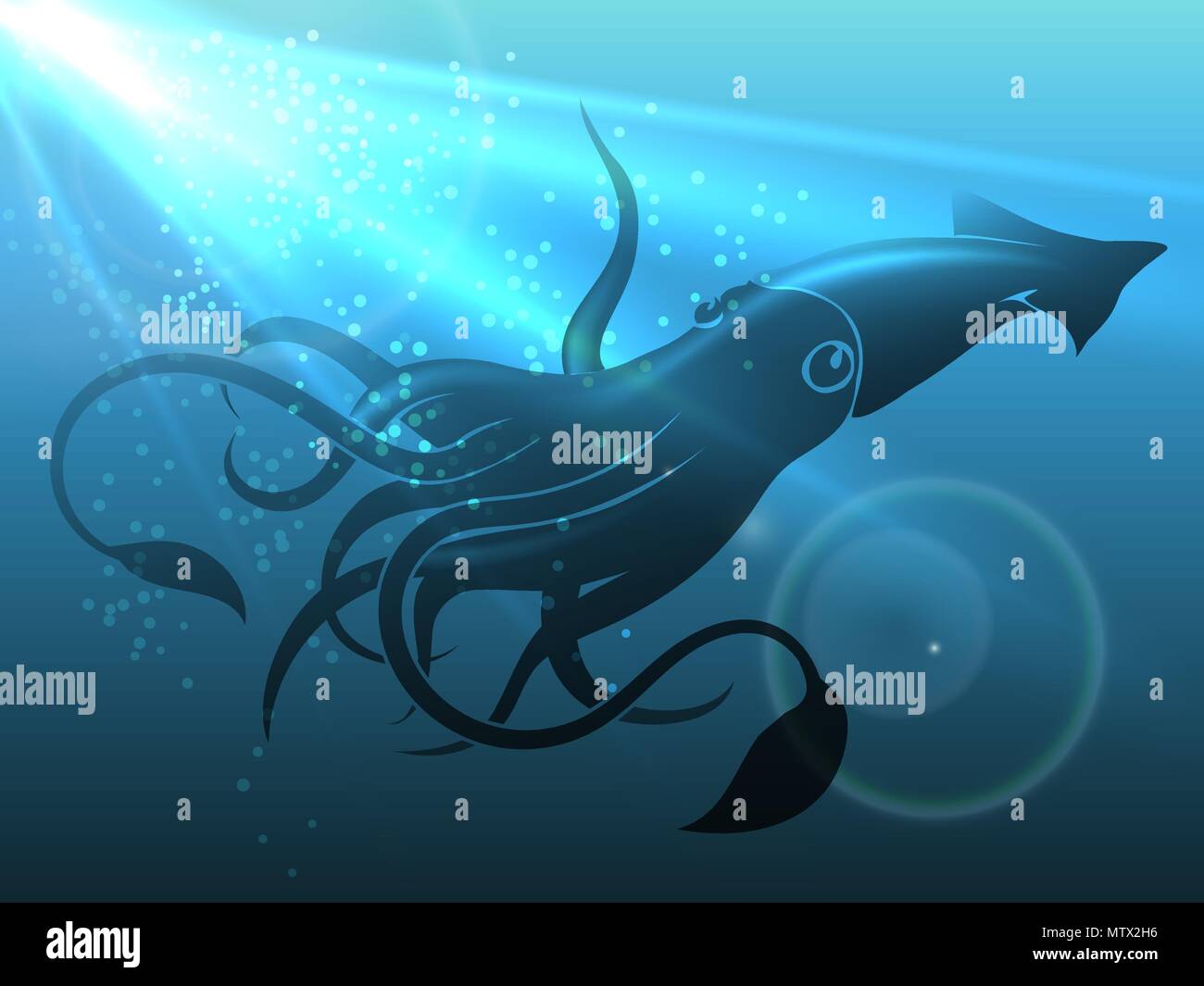 Giant Squid in Deep Water. Vector Illustration. Stock Vector