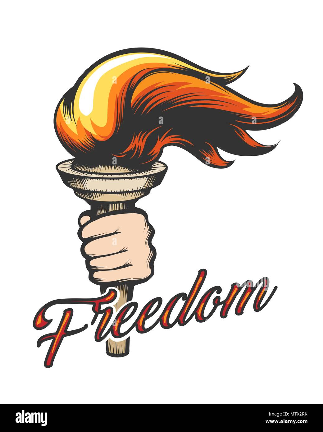 Torch in Human Hand and wording Freedom drawn in tattoo style. Vector Illustration. Stock Vector