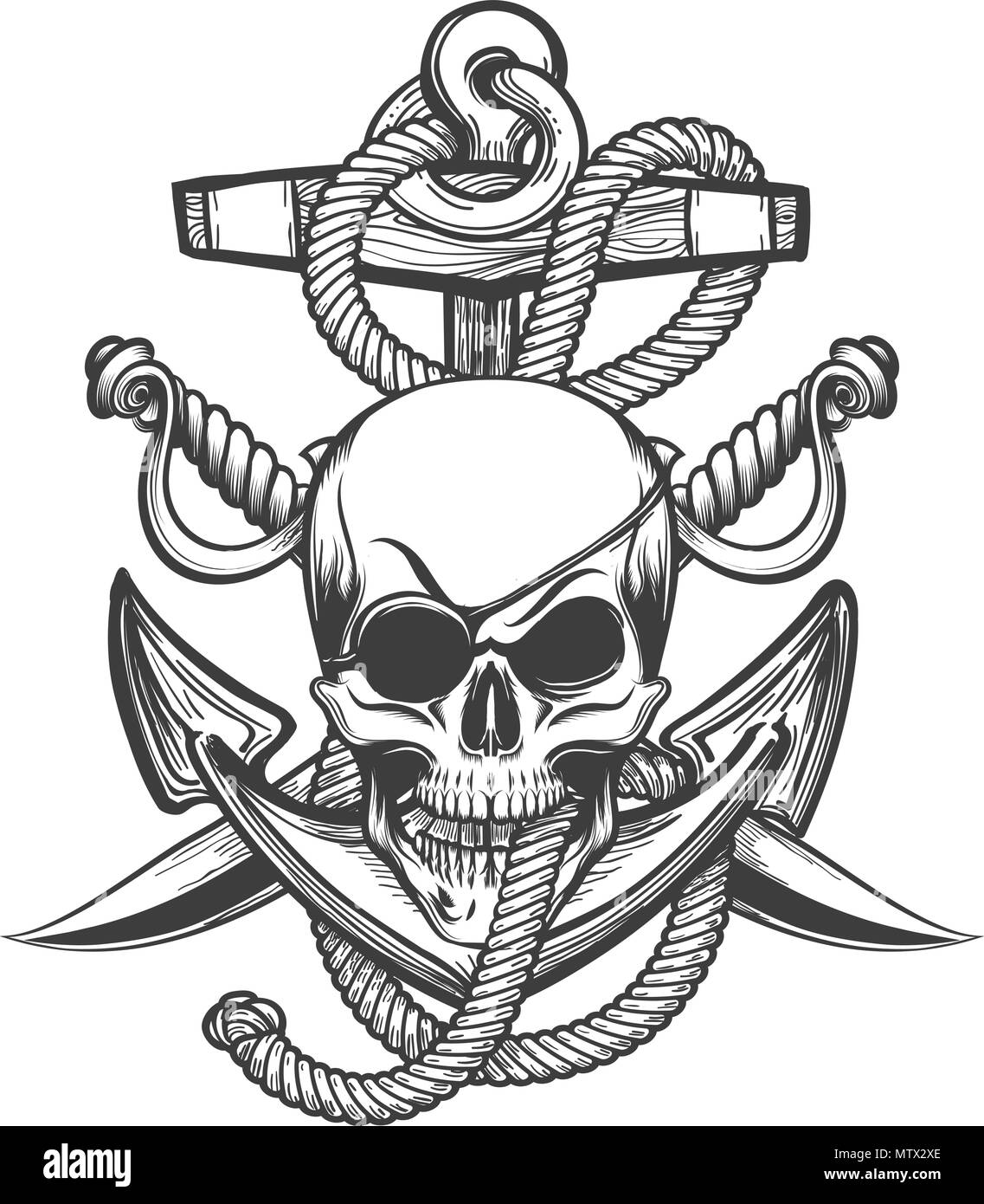 Human Skull with Eyepath and Two Sabres against Anchor in Ropes drawmn in tattoo style. Vector illustration. Stock Vector
