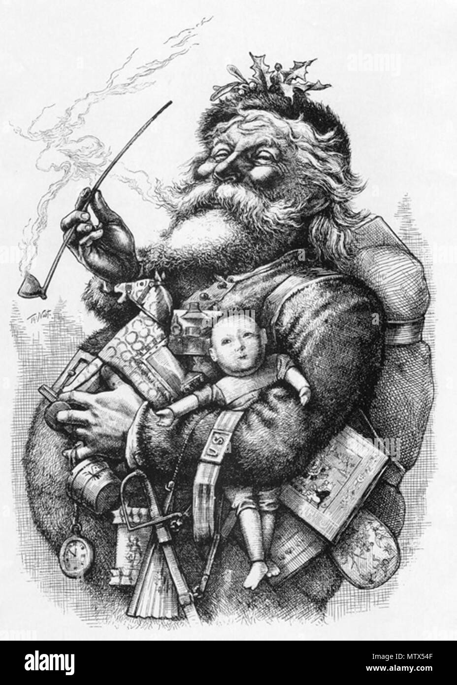 . English: Thomas Nast's most famous drawing, 'Merry Old Santa Claus', from the January 1, 1881 edition of Harper's Weekly. Thomas Nast immortalized Santa Claus' current look with an initial illustration in an 1863 issue of Harper's Weekly, as part of a large illustration titled 'A Christmas Furlough' in which Nast set aside his regular news and political coverage to do a Santa Claus drawing. The popularity of that image prompted him to create another illustration in 1881. 1 January 1881. Thomas Nast 438 Nast Santa cropped, 1881 Stock Photo