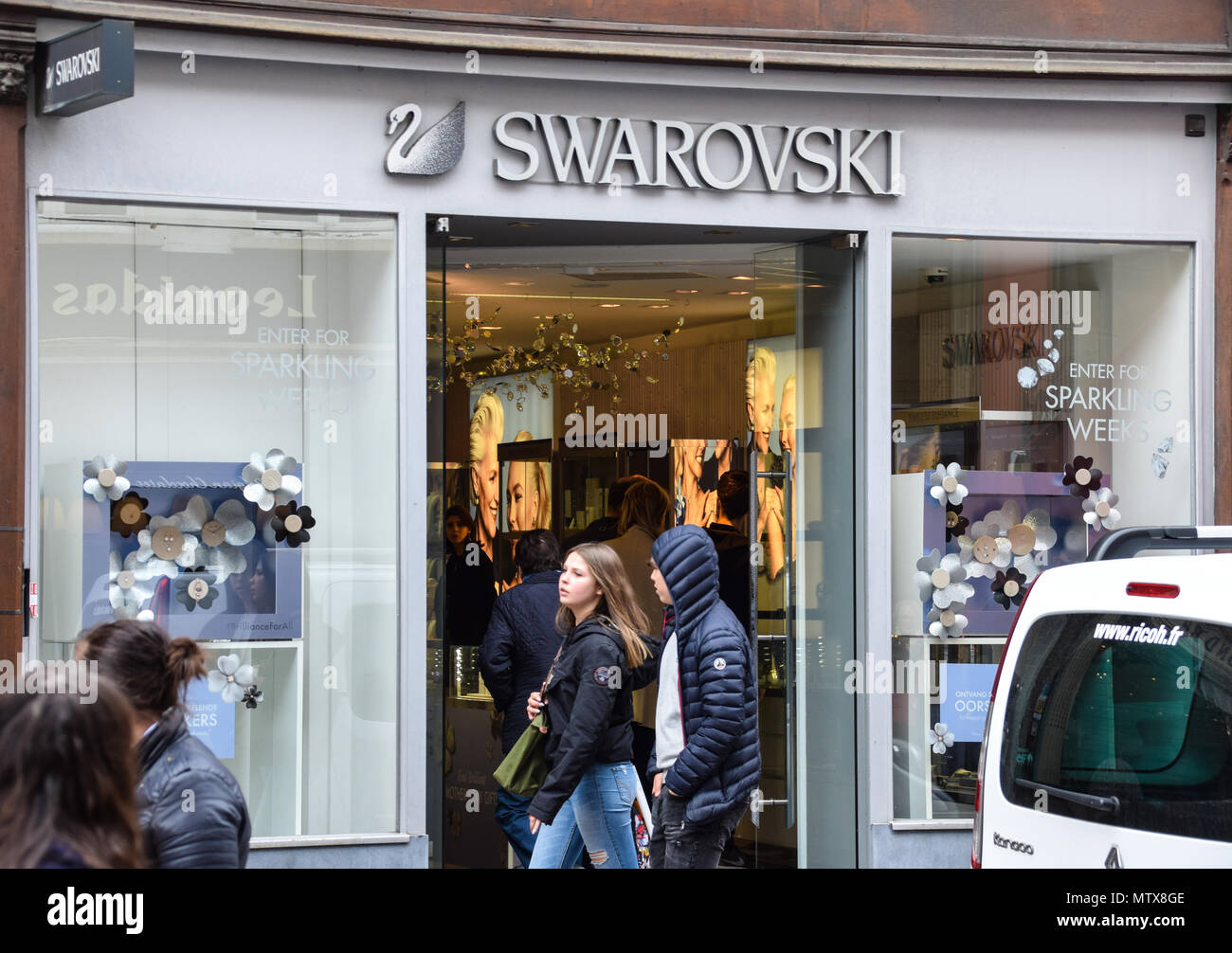 Bruges, Belgium - April 28 2018: The front of the Swarovski crystal shop in  Wollestraat Stock Photo - Alamy