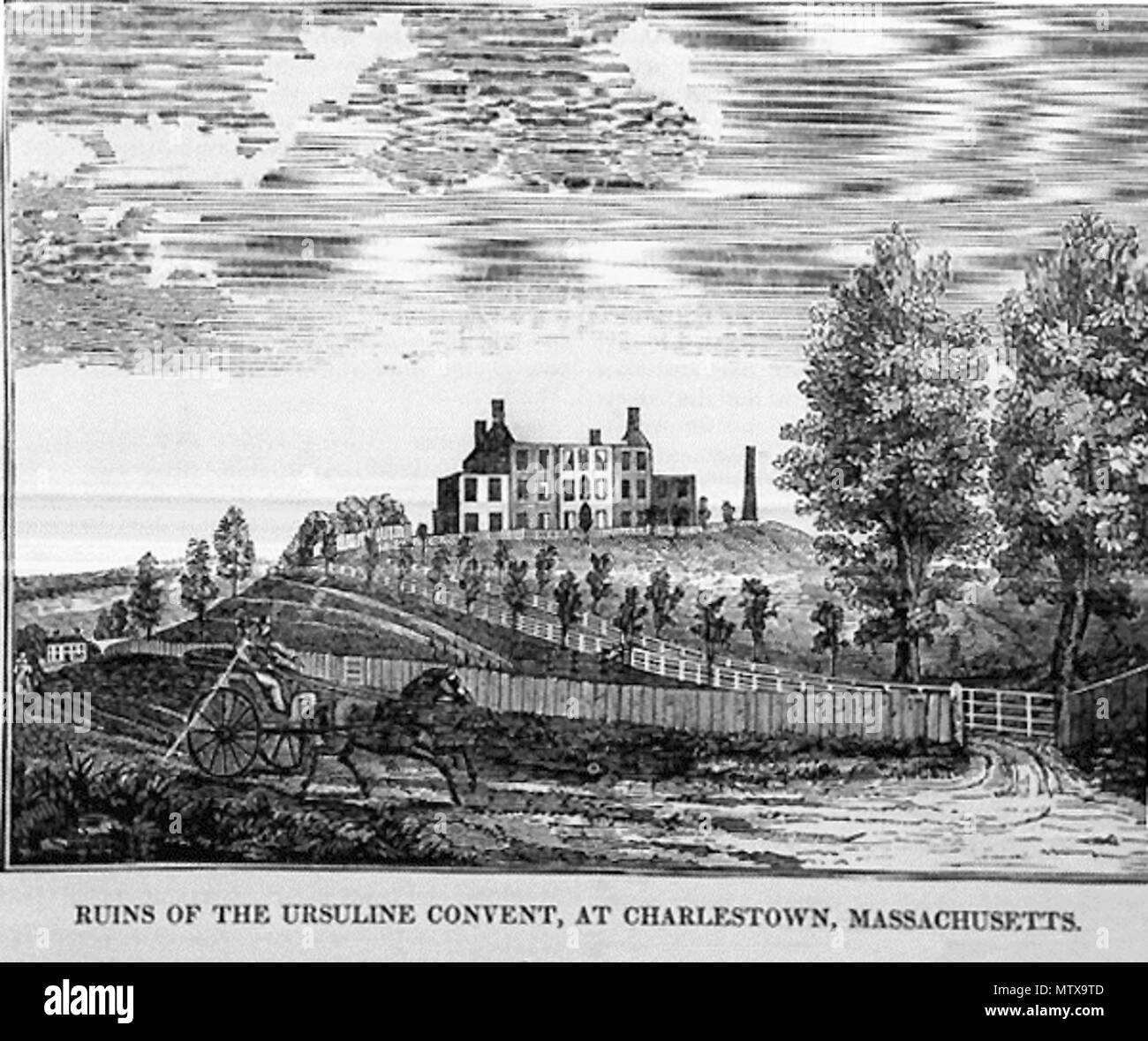 . English: 'Ruins of the Ursuline Convent, at Charlestown Massachusetts,' (Ursuline Convent Riots of August 11 & 12, 1834) wood engraving (print), original in the collection of the Charlestown (Massachusetts) Historical Society, USA . 1834. unidentified artist, historical print 532 Ruins of Ursuline Convent 1834 Riots Stock Photo